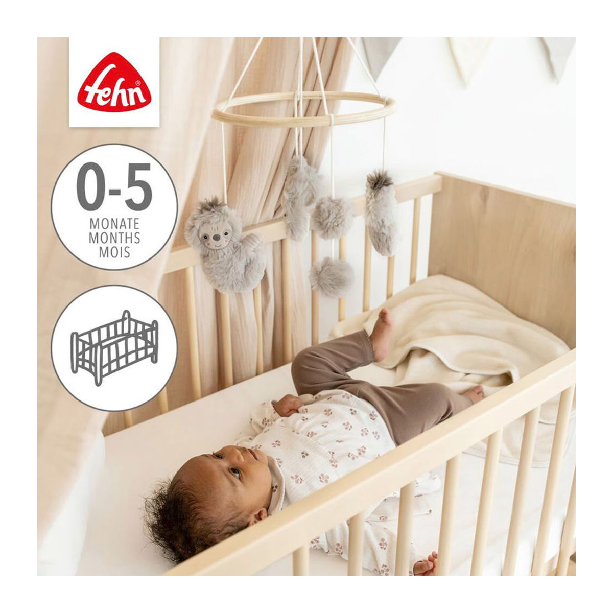 Fehn Holz-Mobile Faultier in Grau als hängendes Baby-Hängeornament aus Holz und Textil mit 22 cm Höhe - Bild 3