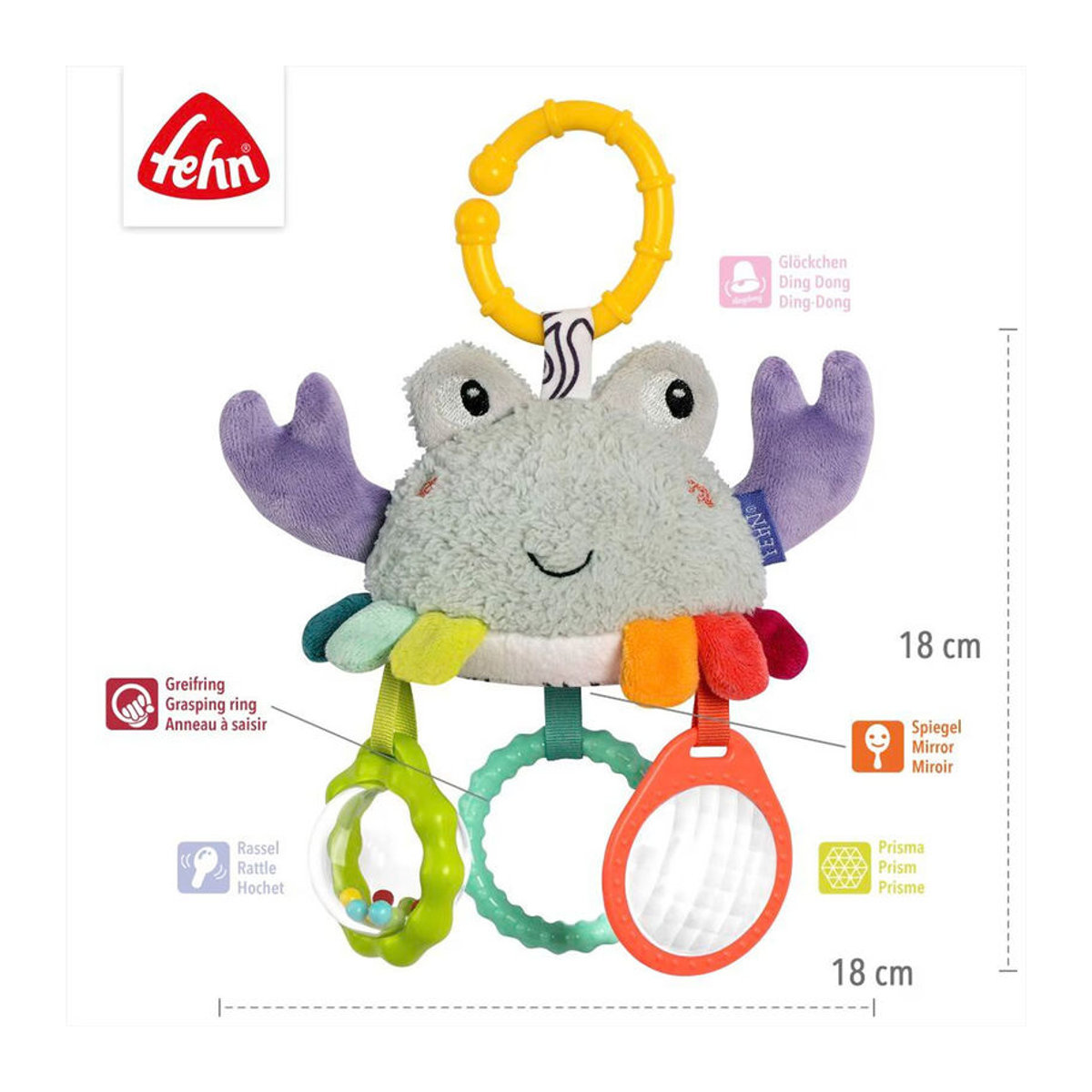 Fehn Mini-Mobile Krabbe als hängendes Spielzeug für Babys mit Rassel, Spiegel und Glöckchen, mehrfarbig, Höhe: 18 cm - Bild 2