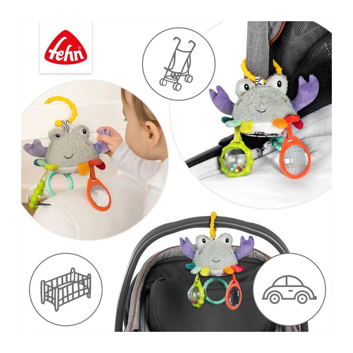 Fehn Mini-Mobile Krabbe als hängendes Spielzeug für Babys mit Rassel, Spiegel und Glöckchen, mehrfarbig, Höhe: 18 cm - Bild 3