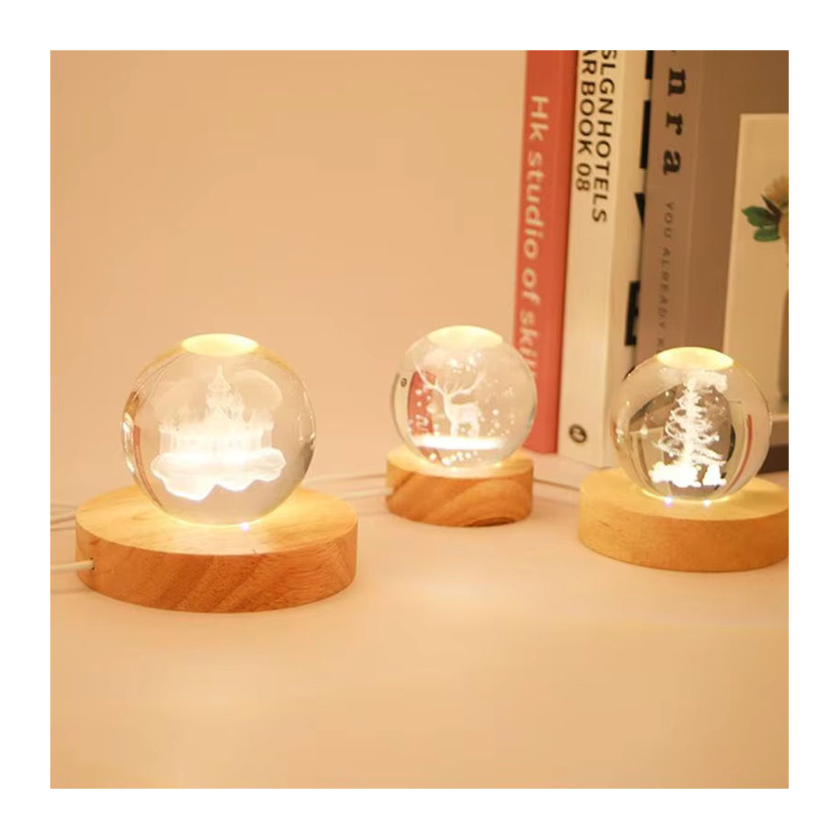 Feimefeiyou LED Nachttischlampe mit Kristallkugel und Holzfuß, tragbares USB-Nachtlicht für Schlafzimmer und Schreibtisch, Natur - Bild 1