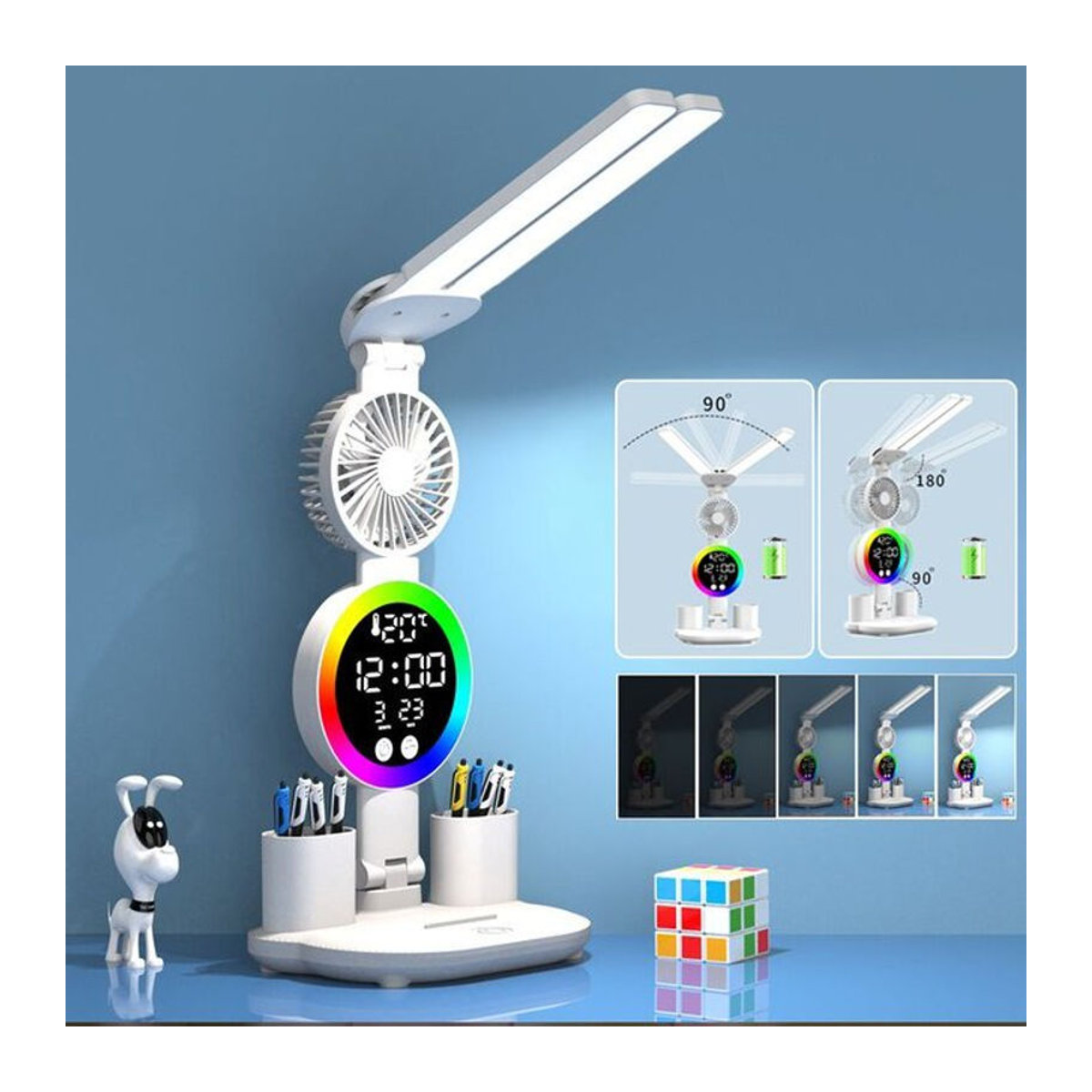 Feimefeiyou LED Tischlampe mit Fan, Uhr und Display in Weiß - Bild 1