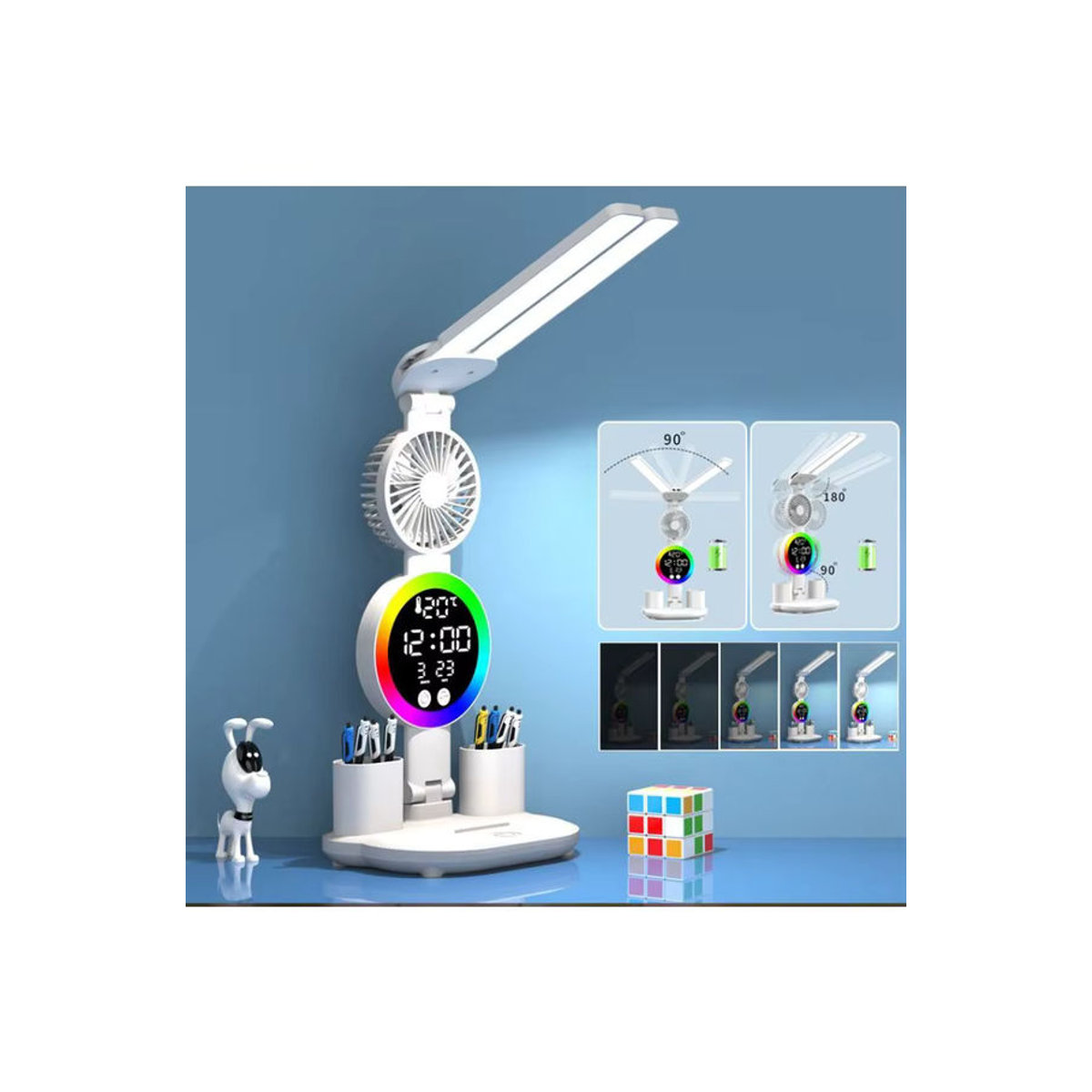 Feimefeiyou LED Tischlampe mit Fan, Uhr und Display in Weiß - Bild 4