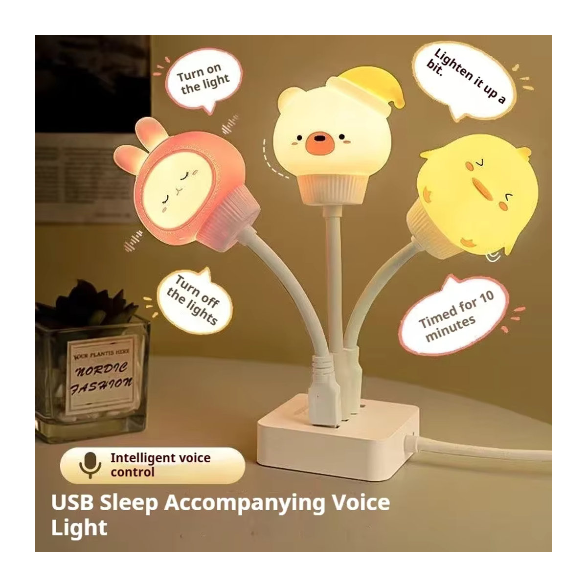 Feimefeiyou USB LED Nachtlicht mit Sprachsteuerung in Form von Bär oder Kätzchen für Kinder und Babys, Weiß - Bild 2