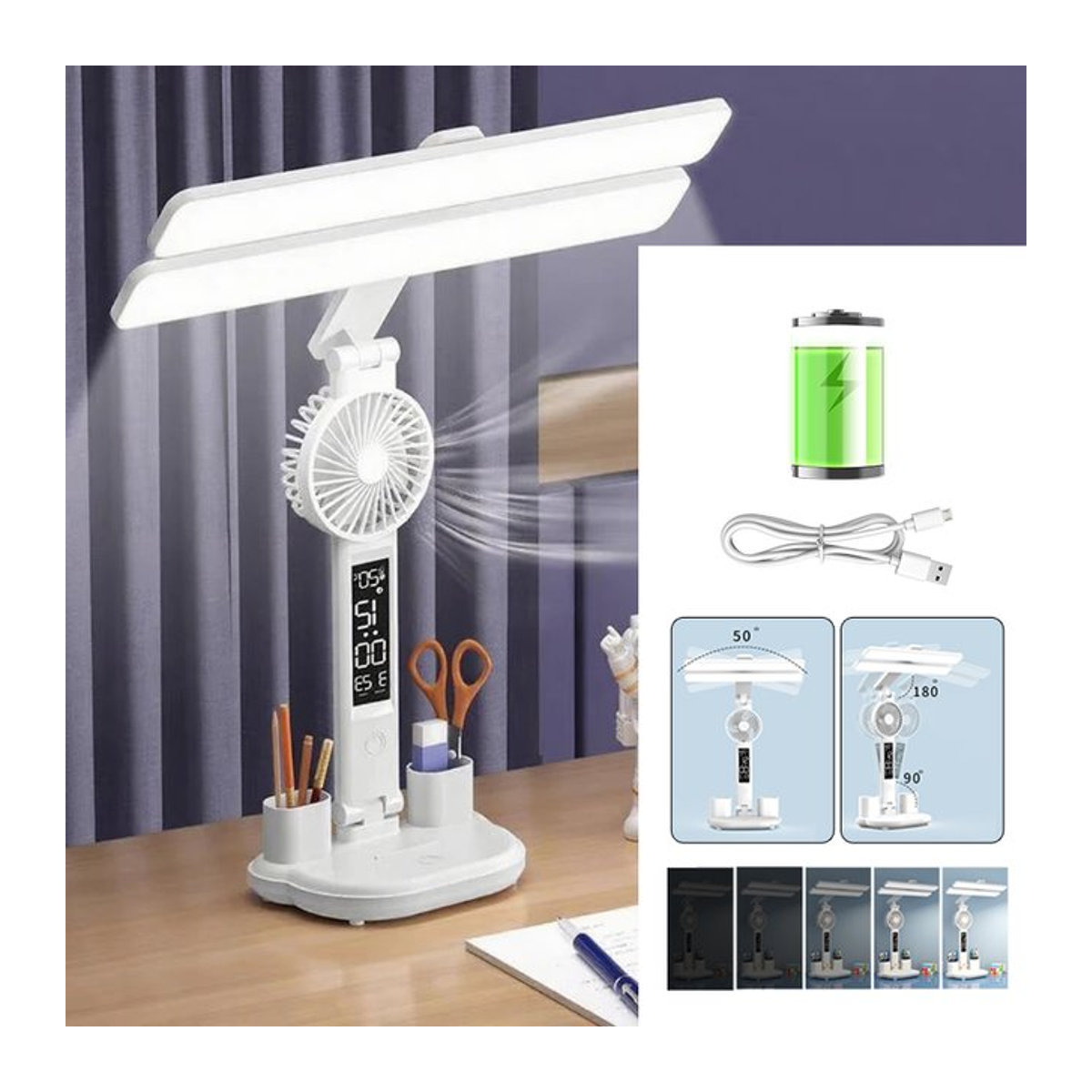 Feimefeiyou Wiederaufladbare LED-Tischlampe mit integrierter Uhr, Ventilator und Display in Weiß - Bild 1