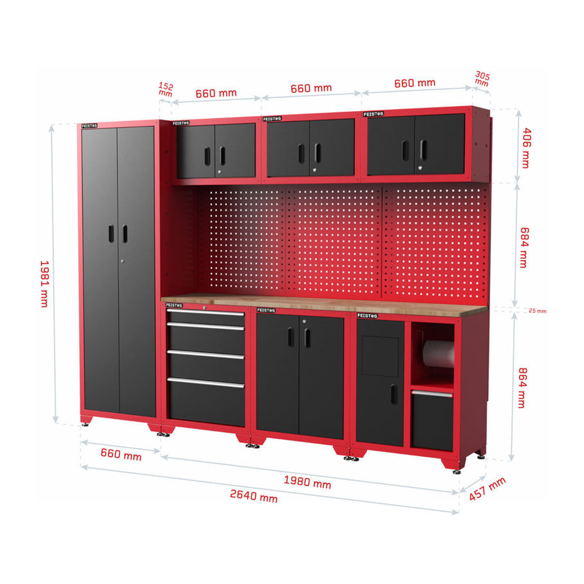Feistos Hochschrank Juno 3 in Schwarz/Rot aus Metall und Holz mit Drehtüren, H x B x T: 264 x 46 x 198 cm - Bild 3