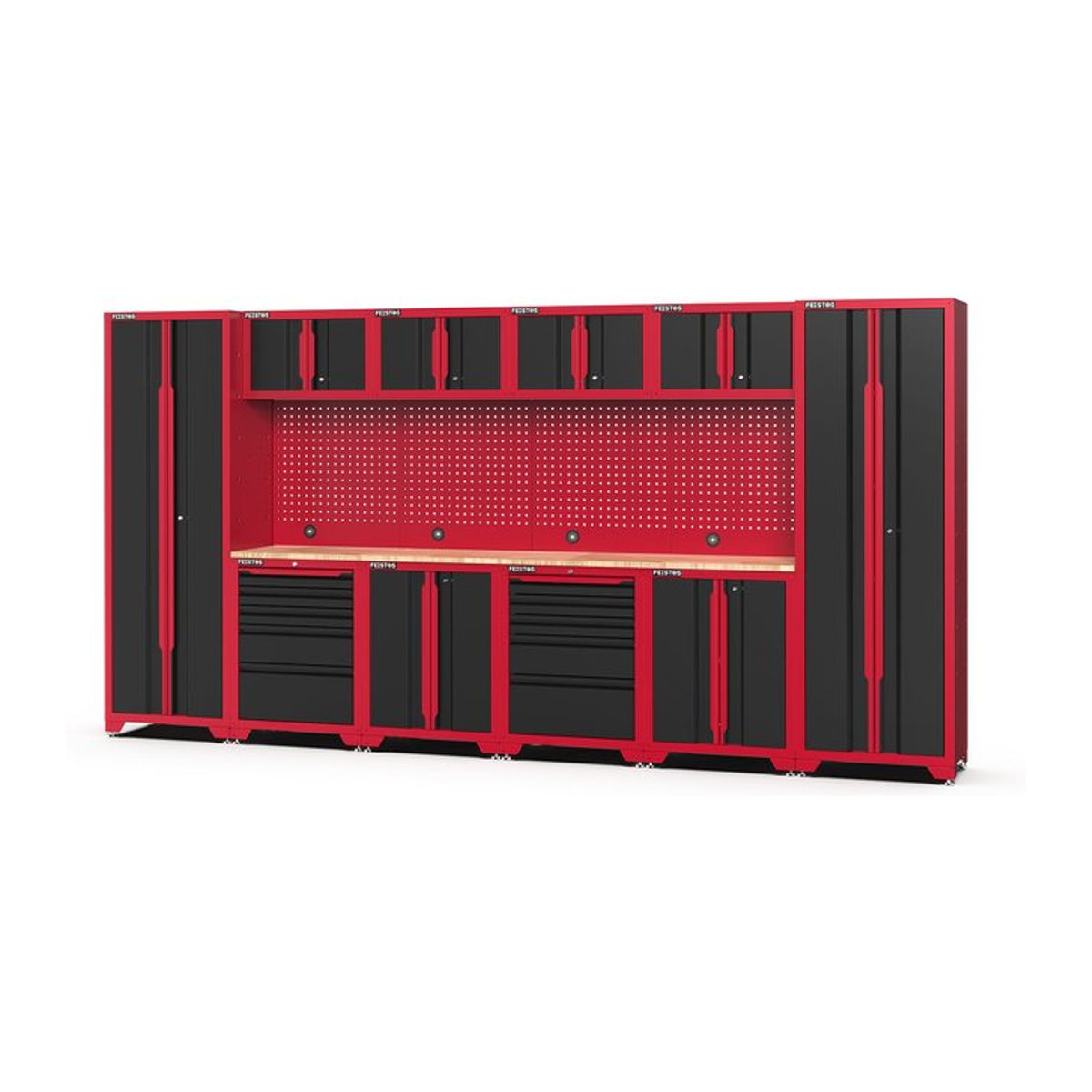 Feistos Werkstatteinrichtung Juno 11 Metall Werkstattschrank in Schwarz und Rot mit 2 Hochschränken, B/T/H: 396 x 46 x 198 cm - Bild 1