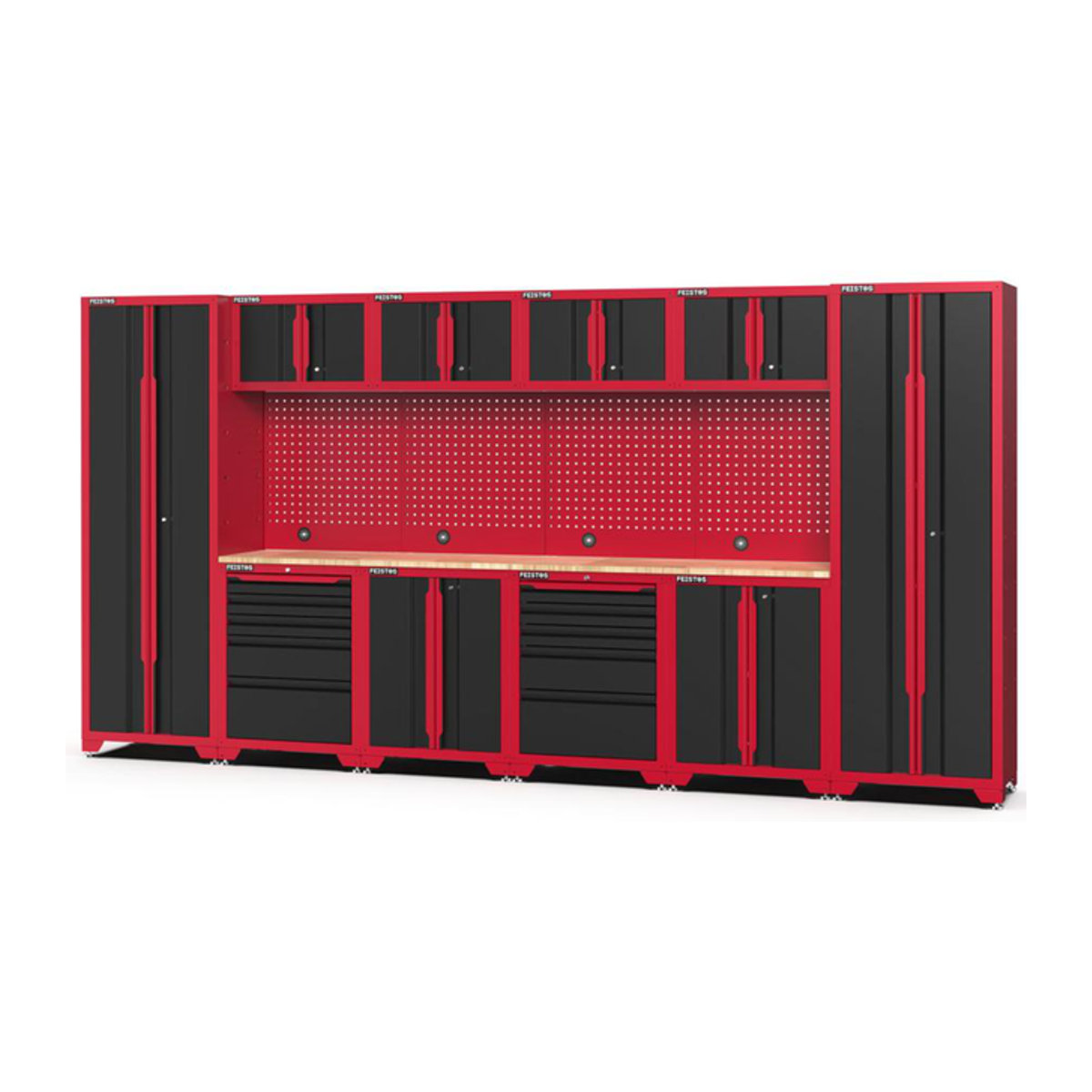 Feistos Werkstatteinrichtung Juno 11 Metall Werkstattschrank in Schwarz und Rot mit 2 Hochschränken, B/T/H: 396 x 46 x 198 cm - Bild 2