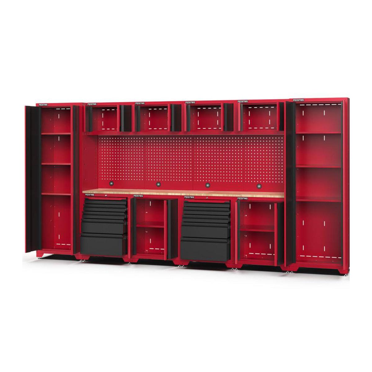 Feistos Werkstatteinrichtung Juno 11 Metall Werkstattschrank in Schwarz und Rot mit 2 Hochschränken, B/T/H: 396 x 46 x 198 cm - Bild 3