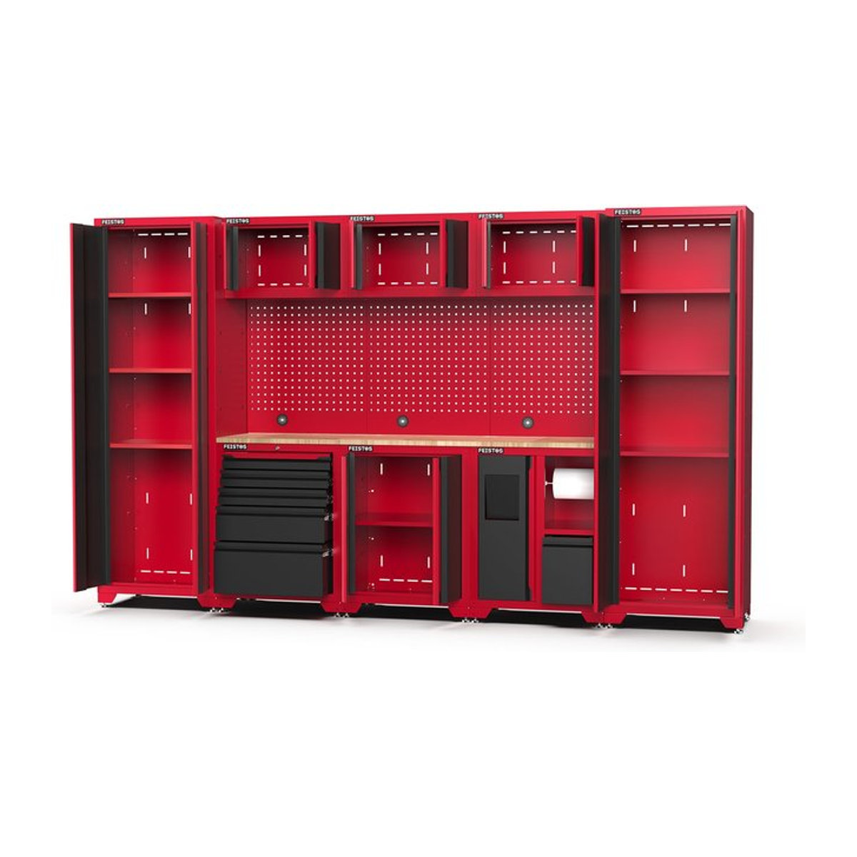 Feistos Werkstatteinrichtung Juno 15 Metall Werkstattschrank in Schwarz und Rot mit 2 Hochschränken, B/T/H: 330 x 46 x 198 cm - Bild 1