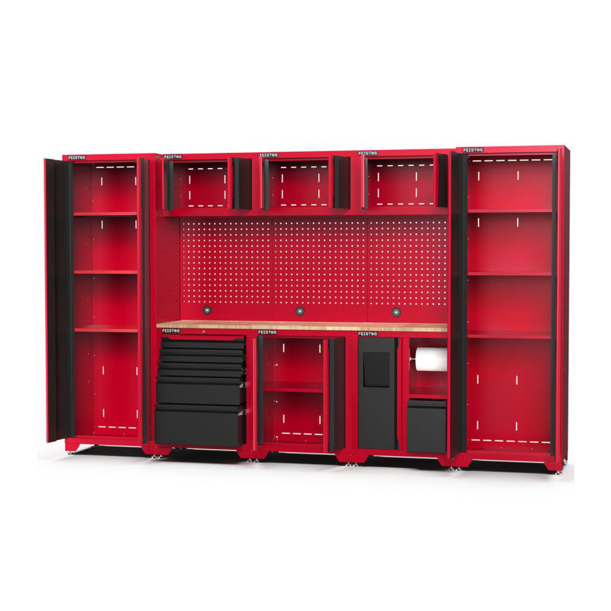 Feistos Werkstatteinrichtung Juno 15 Metall Werkstattschrank in Schwarz und Rot mit 2 Hochschränken, B/T/H: 330 x 46 x 198 cm - Bild 2