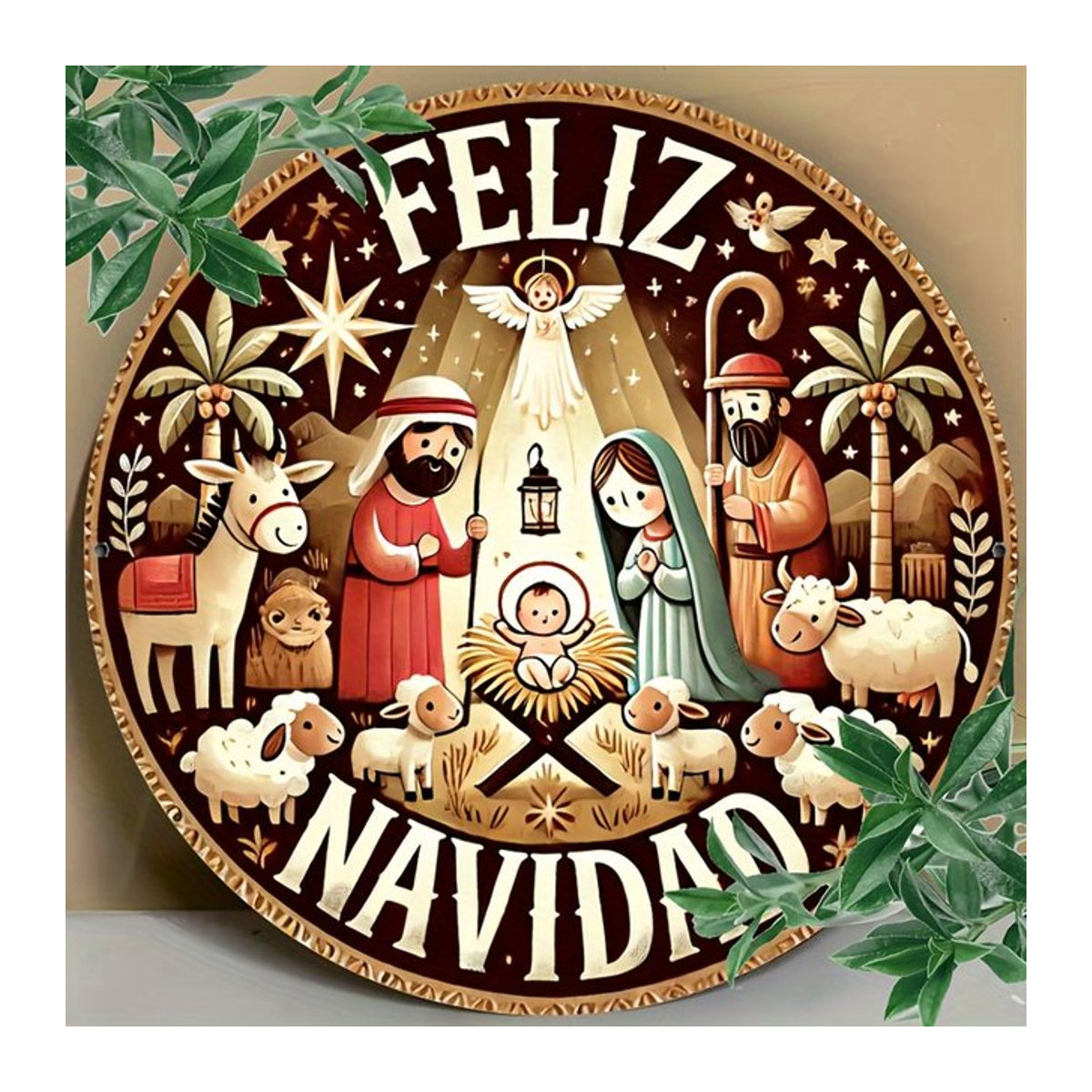 Feliz Navidad Weihnachts-Metallwandkunstschild mit Krippe, rundes Aluminium-Blechschild im Vintage-Stil, Durchmesser: 20,3 cm, mehrfarbig - Bild 1