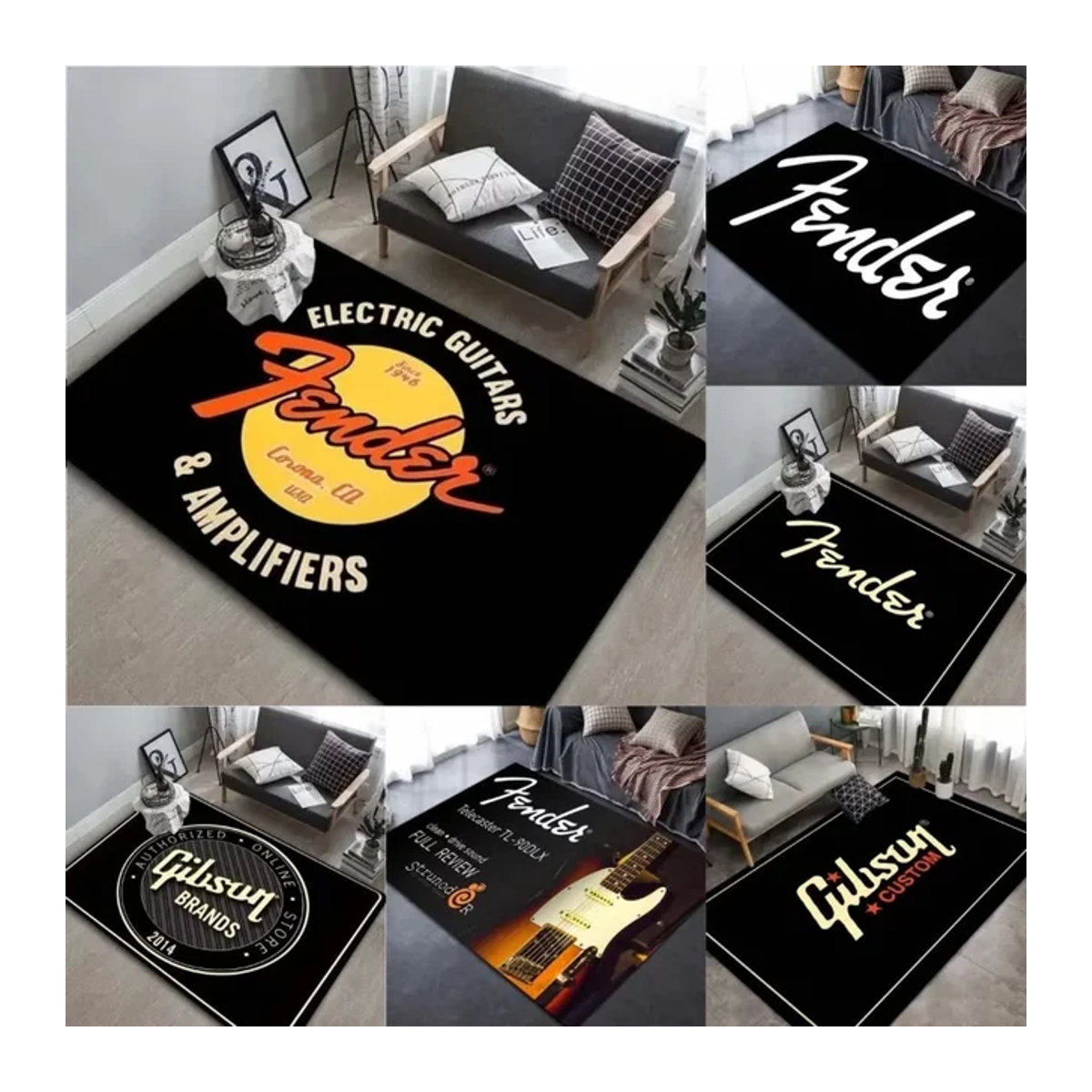 Fender Gitarren-Teppich in Schwarz, rutschfeste und waschbare Bodenmatte für Wohnzimmer oder Schlagzeug - Bild 1