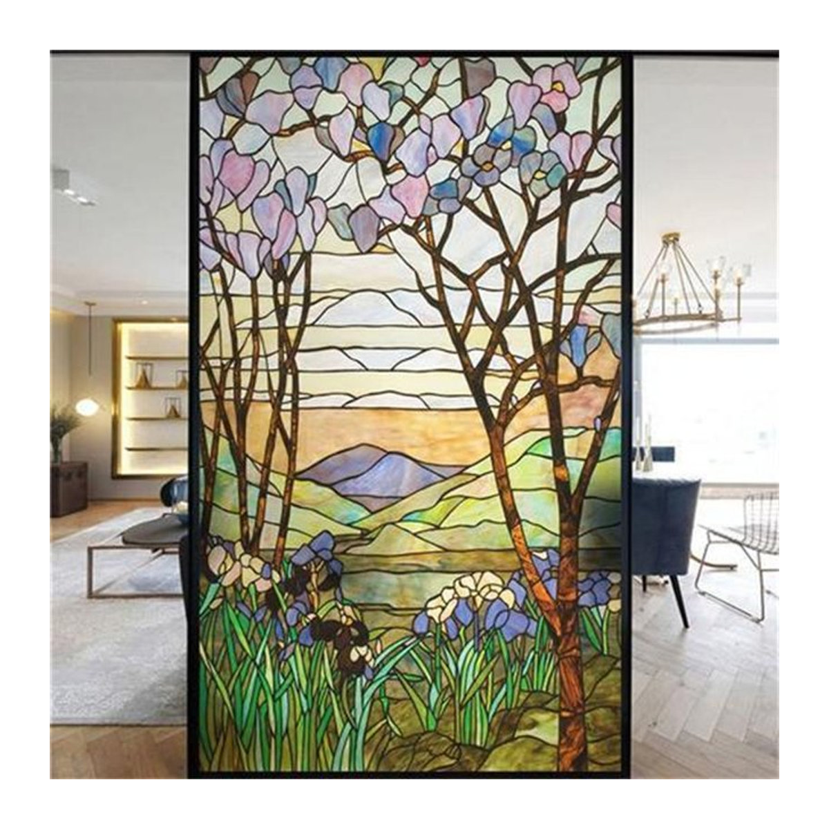 Fensterfolie Loving A Better Life mit floralem Art Déco Design, mattierte Buntglasfolie in Mehrfarbig, statisch haftender Sichtschutz für Küche und Büro, Breite: 60 cm, Höhe: 160 cm - Bild 1
