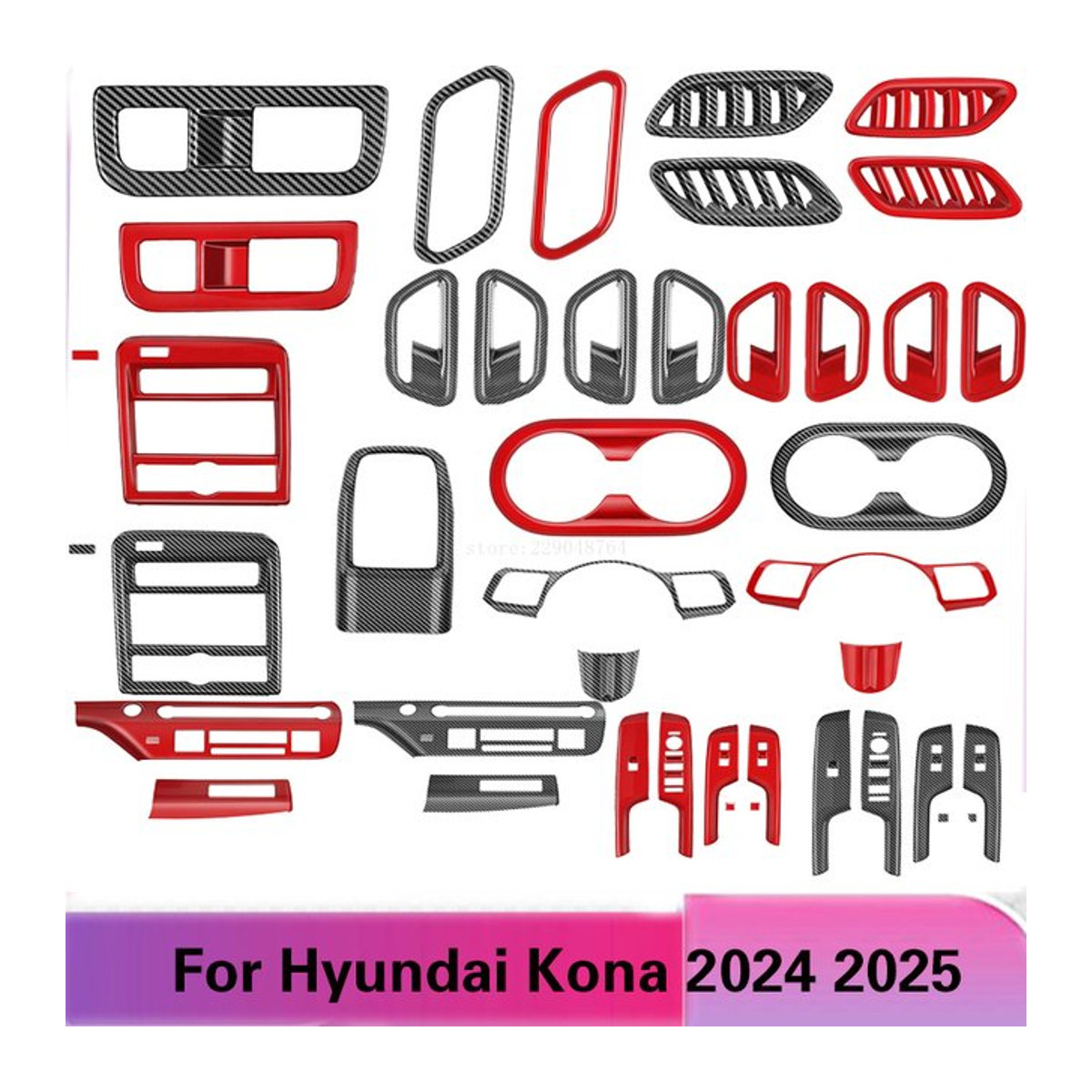 Fensterheber-Schalterabdeckung und Klimaanlagen-Auslassabdeckung für Hyundai Kona 2024 2025 aus ABS und Carbonfaser in Rot/Schwarz - Bild 1