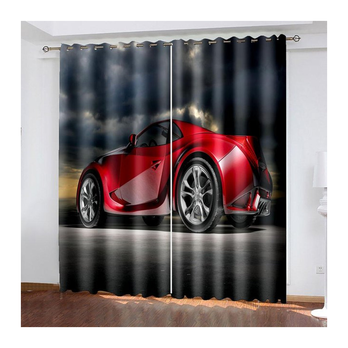 Fenstervorhänge mit Sportwagen-Print in Rot für Wohnzimmer und Schlafzimmer, lichtfilternd, Breite: 100 cm, Höhe: 160 cm - Bild 1