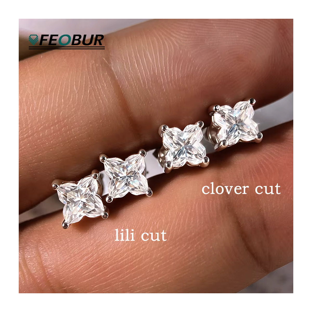 FEOBUR Moissanit Ohrstecker in Kleeblatt-Design aus 925er Sterlingsilber mit Lilienblüten-Schliff für Damen, Silber/Transparent - Bild 2