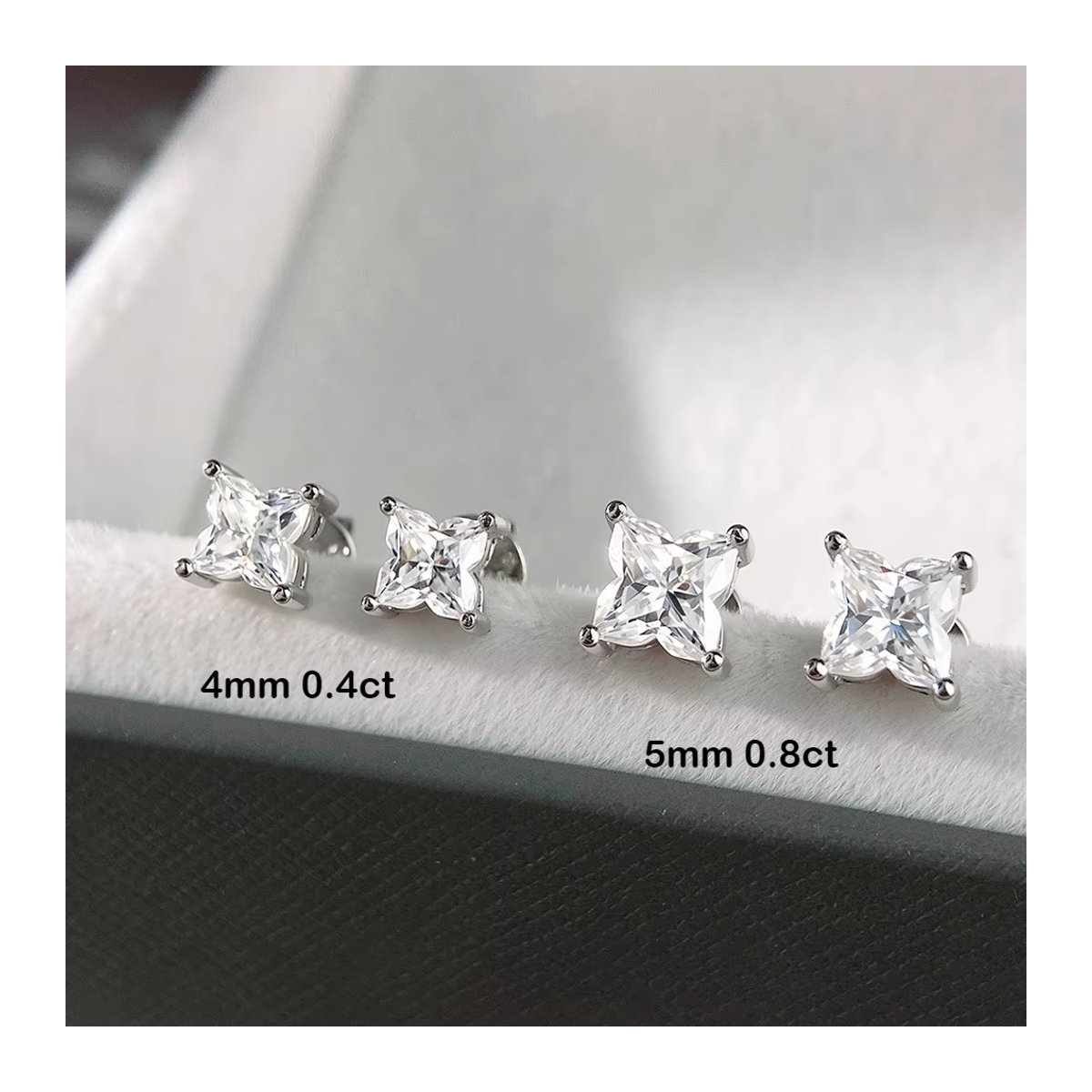 FEOBUR Moissanit Ohrstecker in Kleeblatt-Design aus 925er Sterlingsilber mit Lilienblüten-Schliff für Damen, Silber/Transparent - Bild 3