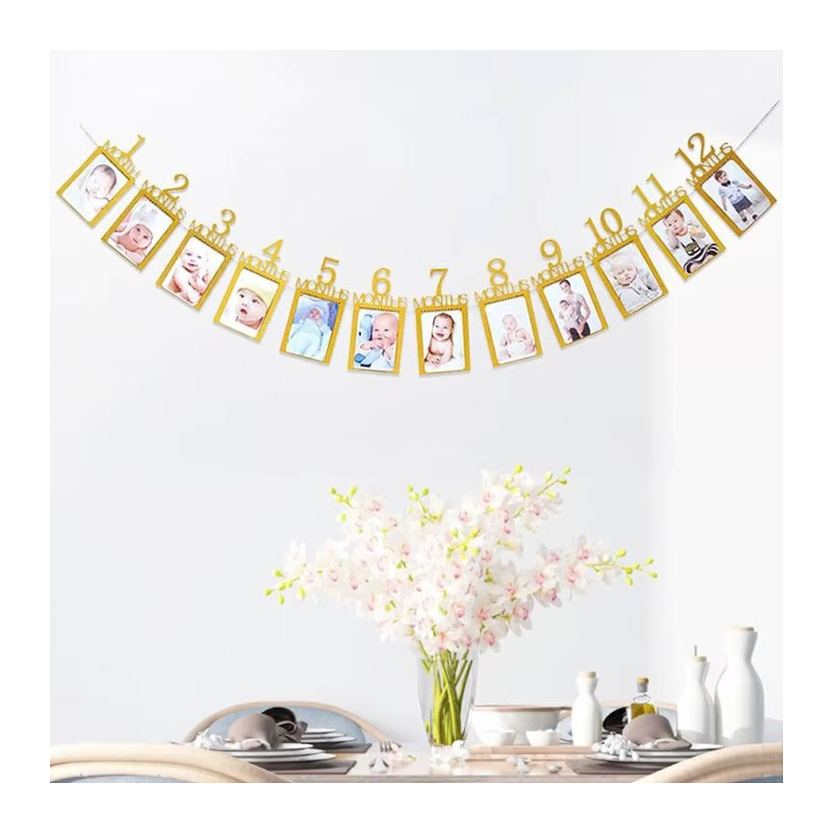 Festliche Baby Party-Dekoration mit hängenden Papier-Wimpeln und Buchstaben in Braun und Gold - Bild 1