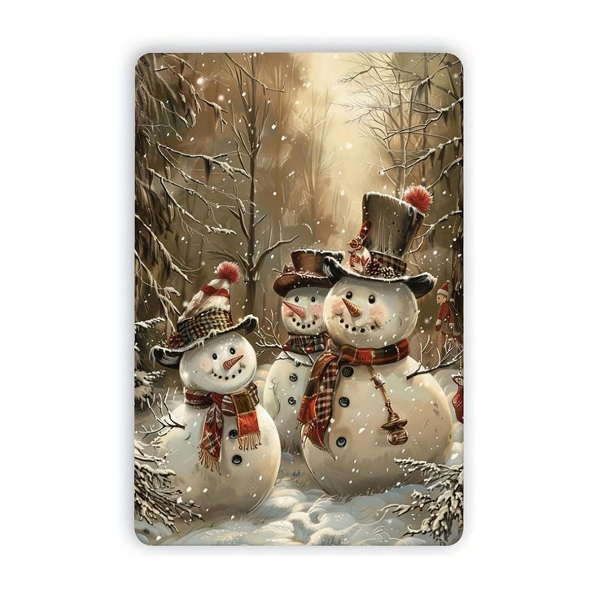 Festliches Metall-Blechschild mit Weihnachtsschneemann in Winterwaldszene, mehrfarbige Wandkunst aus Metall, B/H: 20 x 14 cm - Bild 1
