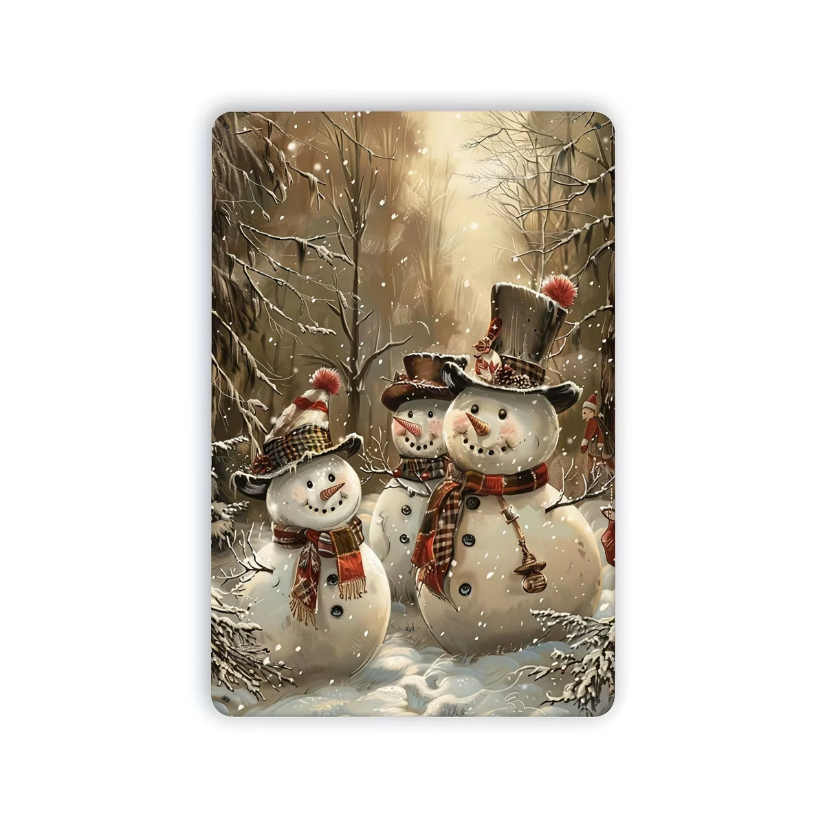 Festliches Metall-Blechschild mit Weihnachtsschneemann in Winterwaldszene, mehrfarbige Wandkunst aus Metall, B/H: 20 x 14 cm - Bild 2