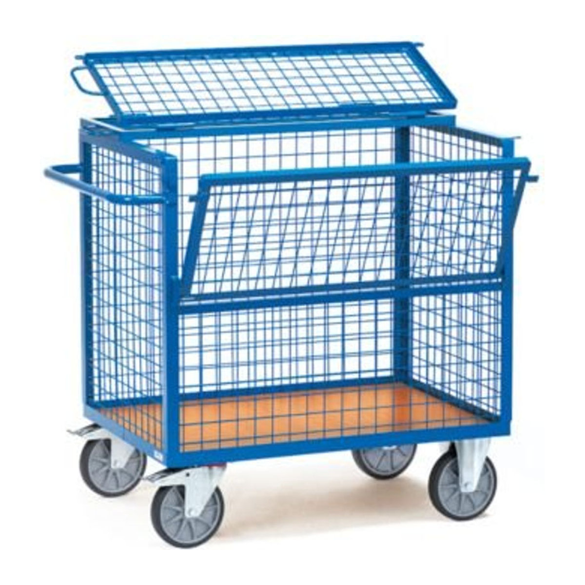 Fetra Kastenwagen aus Stahl und Holzwerkstoff mit Deckel, Blau, B: 700 mm, L: 1000 mm, H: 806 mm, bis 600 kg Traglast - Bild 1