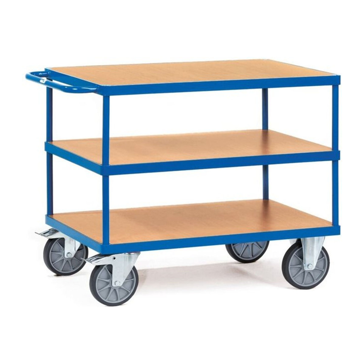 Fetra Tischwagen aus Stahl und Holz mit 3 Etagen in Blau und Buche, Traglast bis 600 kg, B/T: 100 x 70 cm - Bild 1