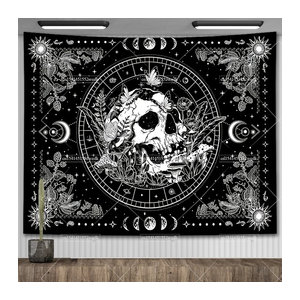 FFO Wandteppich mit Skelett und floralem Design in Schwarz-Weiß, Rechteckiger Wandbehang im Bohemian-Stil mit Totenkopf und Blumen für dein Schlafzimmer