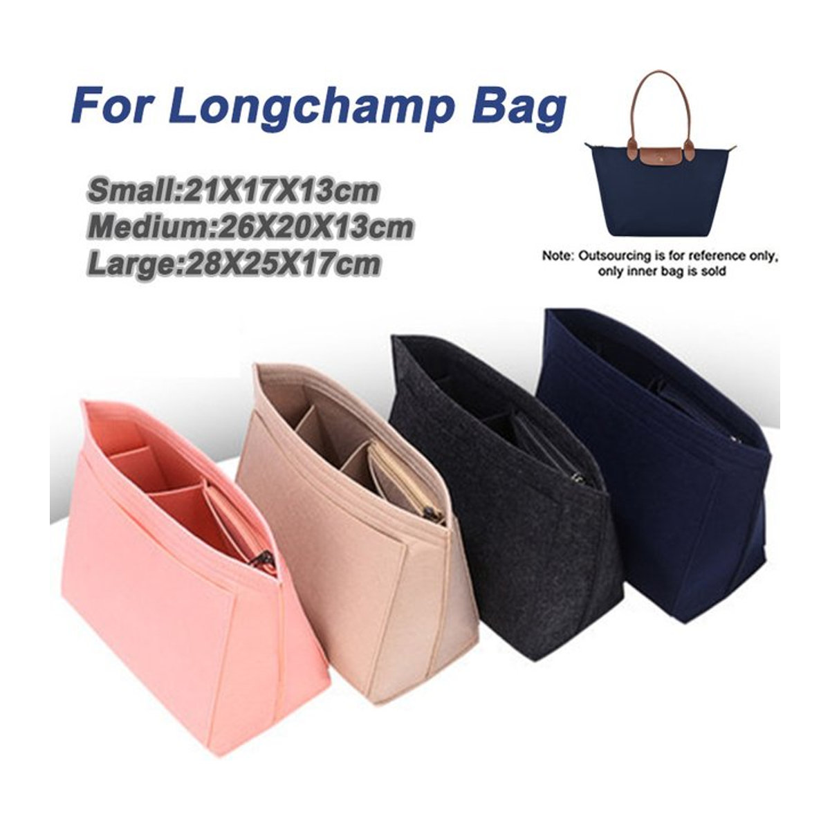 Filz-Einsatztasche als Organizer für Longchamp Handtaschen in Schwarz und Rosa - Bild 1