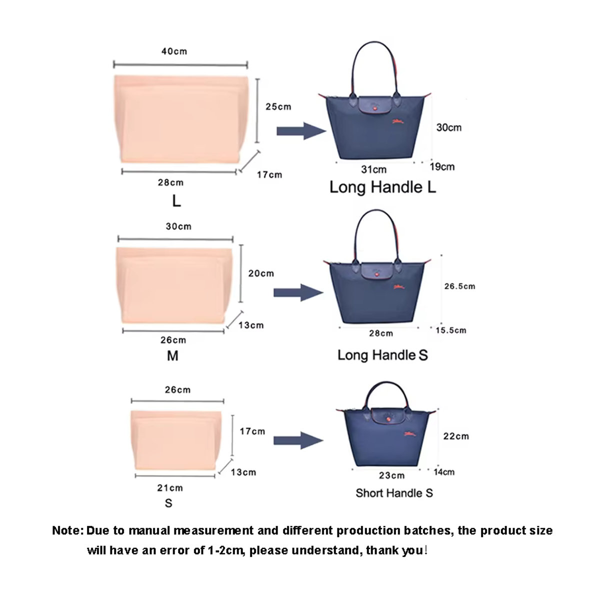 Filz-Einsatztasche als Organizer für Longchamp Handtaschen in Schwarz und Rosa - Bild 2