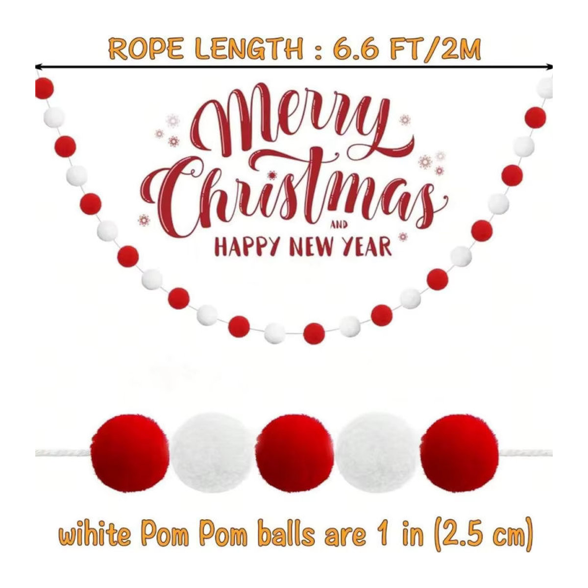 Filzkugel-Girlande aus Pompons in Rot und Weiß als Weihnachtsbaumdekoration, Länge: 200 cm - Bild 1