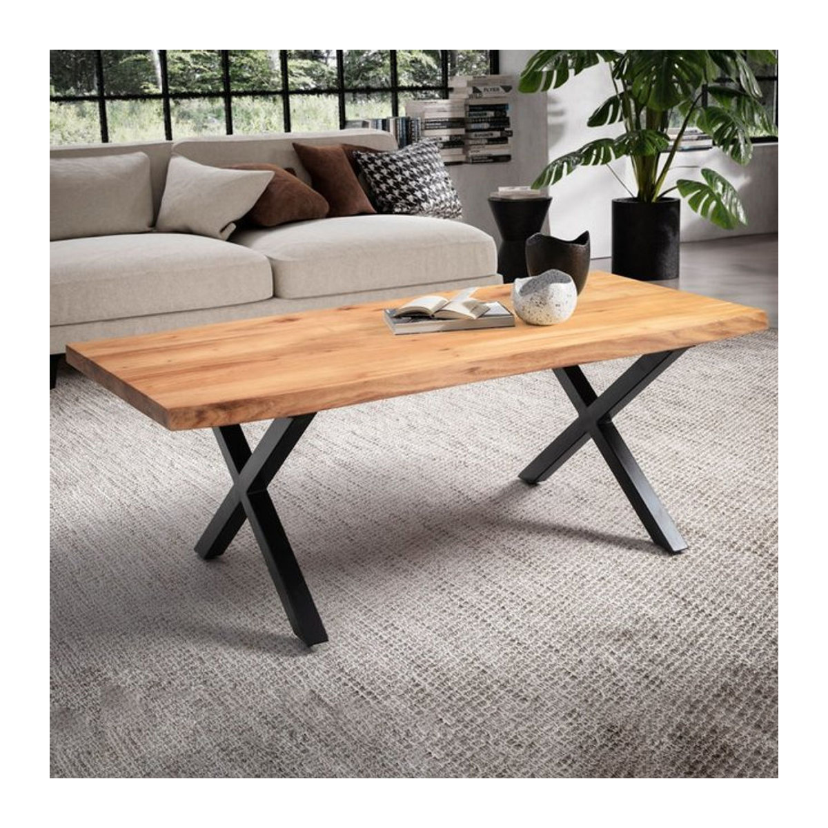 Finebuy Couchtisch aus Akazie Massiv in Rechteckform mit schwarzem Metallgestell im Industrial Design, Breite: 120 cm - Bild 1