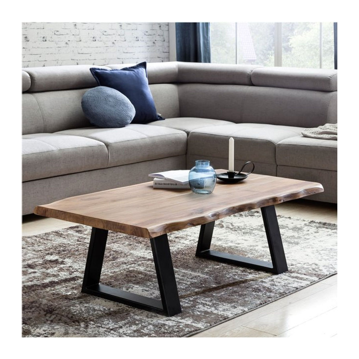 Finebuy Couchtisch aus Akazie Massivholz in Braun mit Metallgestell im Industrial Design, Rechteckig, B: 115 cm, T: 60 cm, H: 40 cm - Bild 1