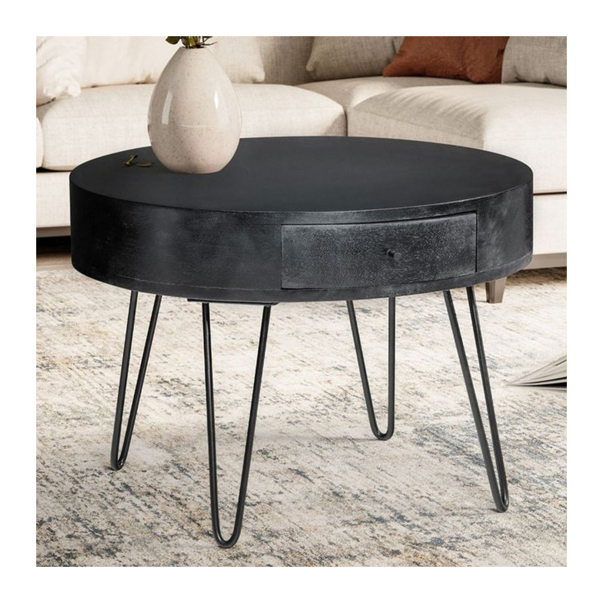 Finebuy Couchtisch aus Mango Massivholz rund in Schwarz im Modern Industrial Design - Bild 1