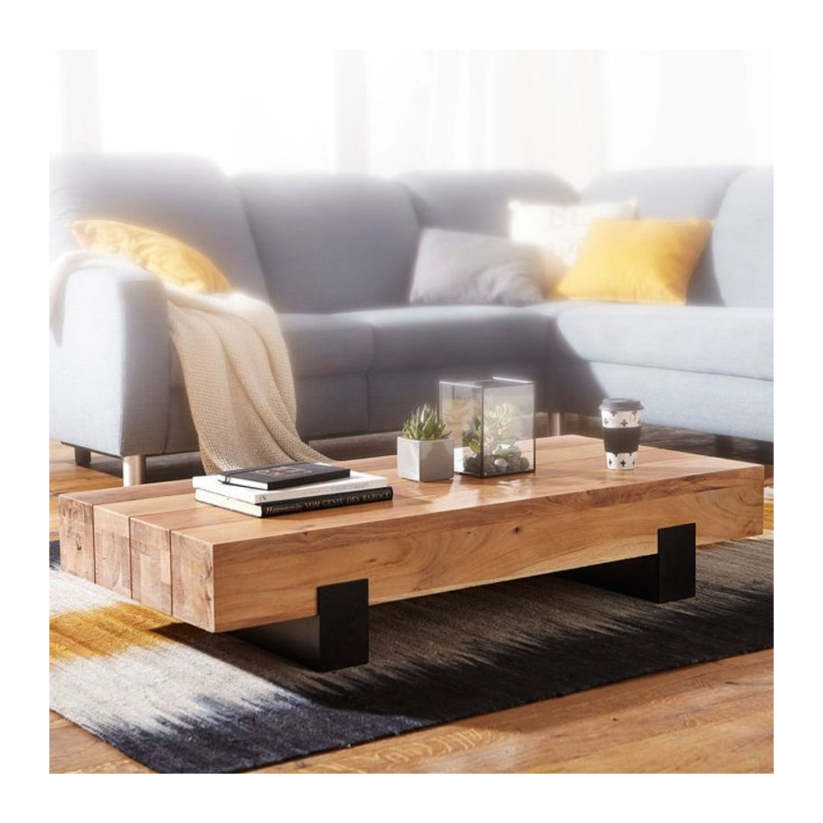 FineBuy Couchtisch aus Massivholz in Natur, modern und rechteckig, B/T/H: 130 x 59 x 25 cm - Bild 1