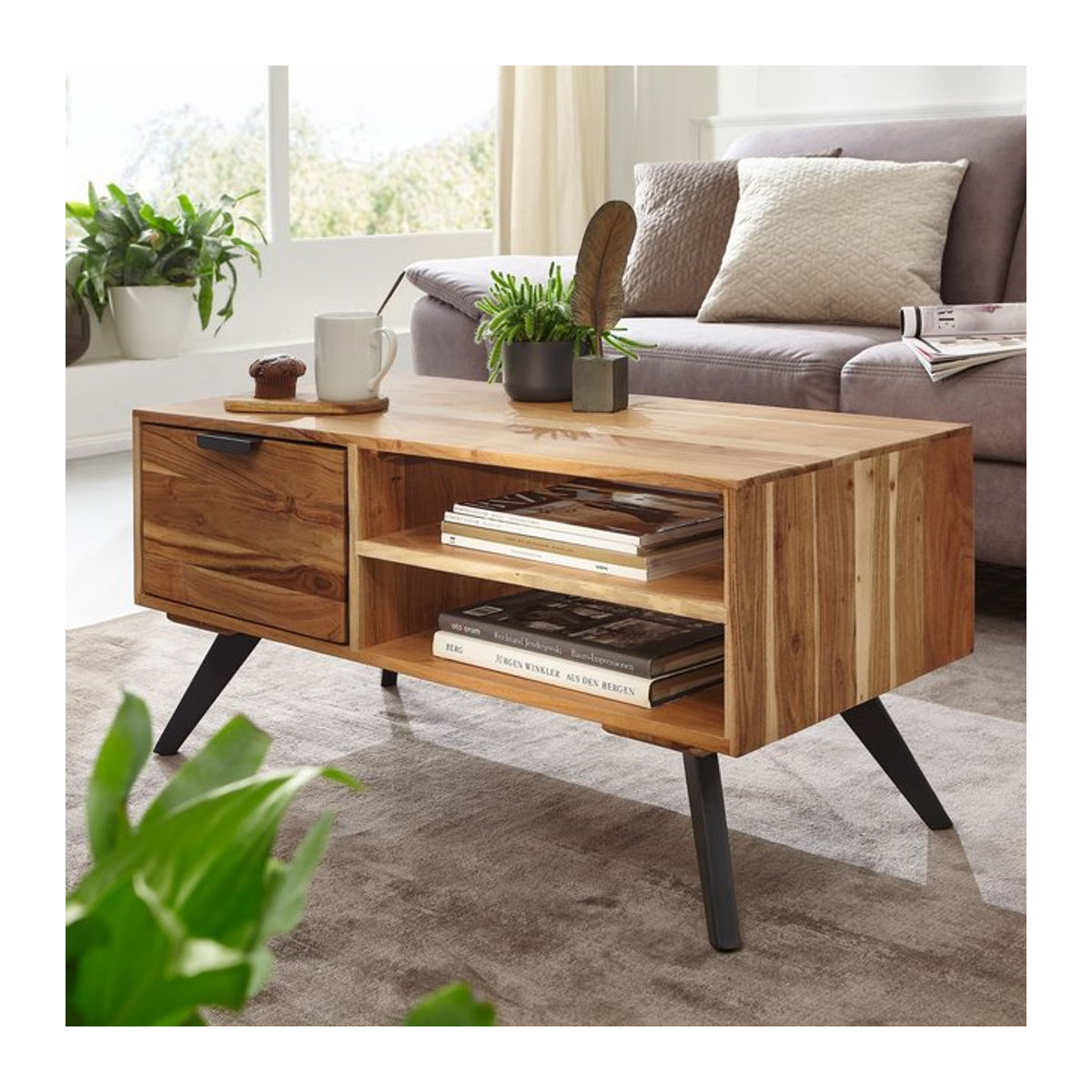 Finebuy Couchtisch aus Massivholz und Metall im Industrial Design, rechteckig mit Schublade, Natur/Braun, Breite: 95 cm - Bild 1