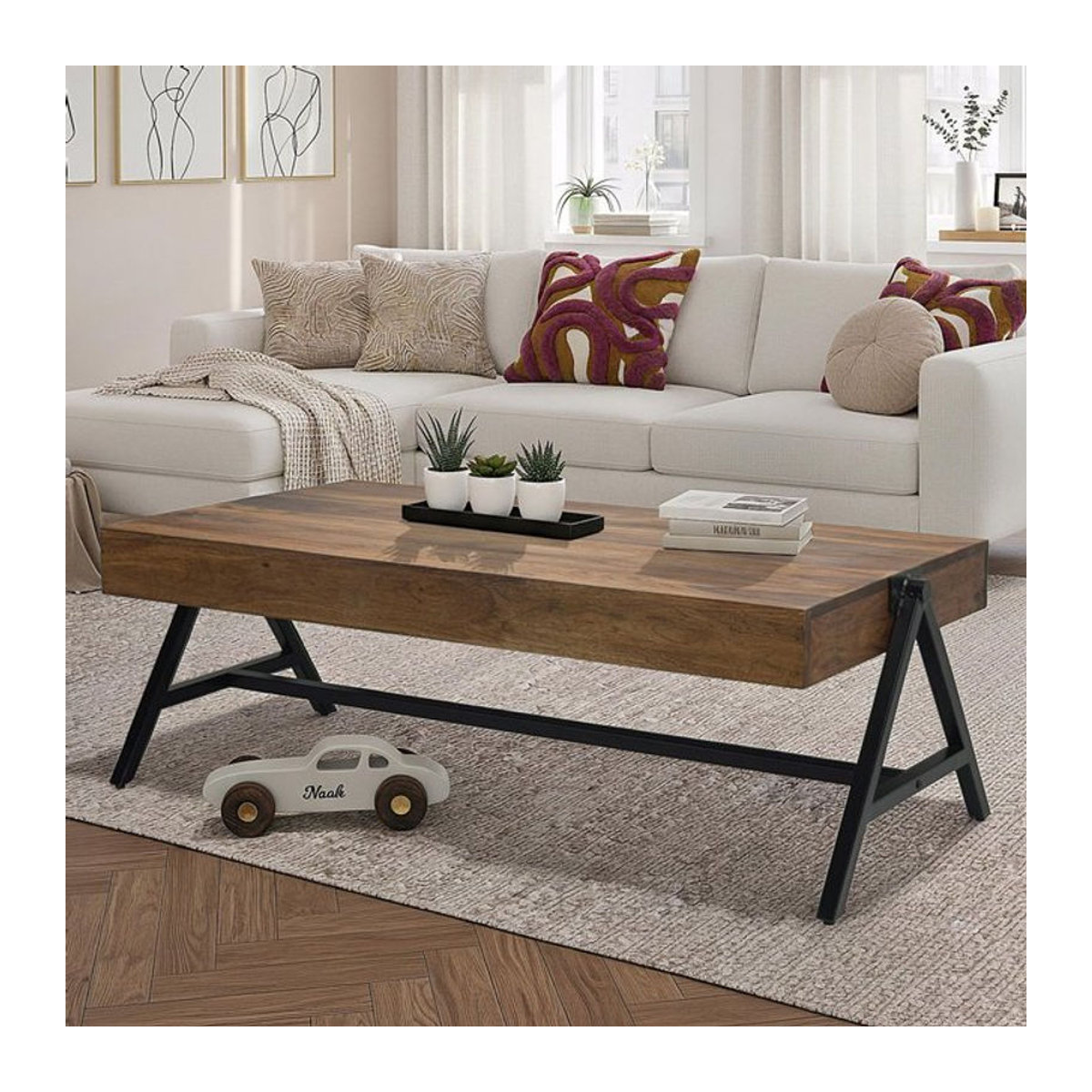 Finebuy Couchtisch aus Sheesham Massivholz und Metall in Braun und Schwarz, rechteckig, Industrial Design, Breite: 120 cm - Bild 1
