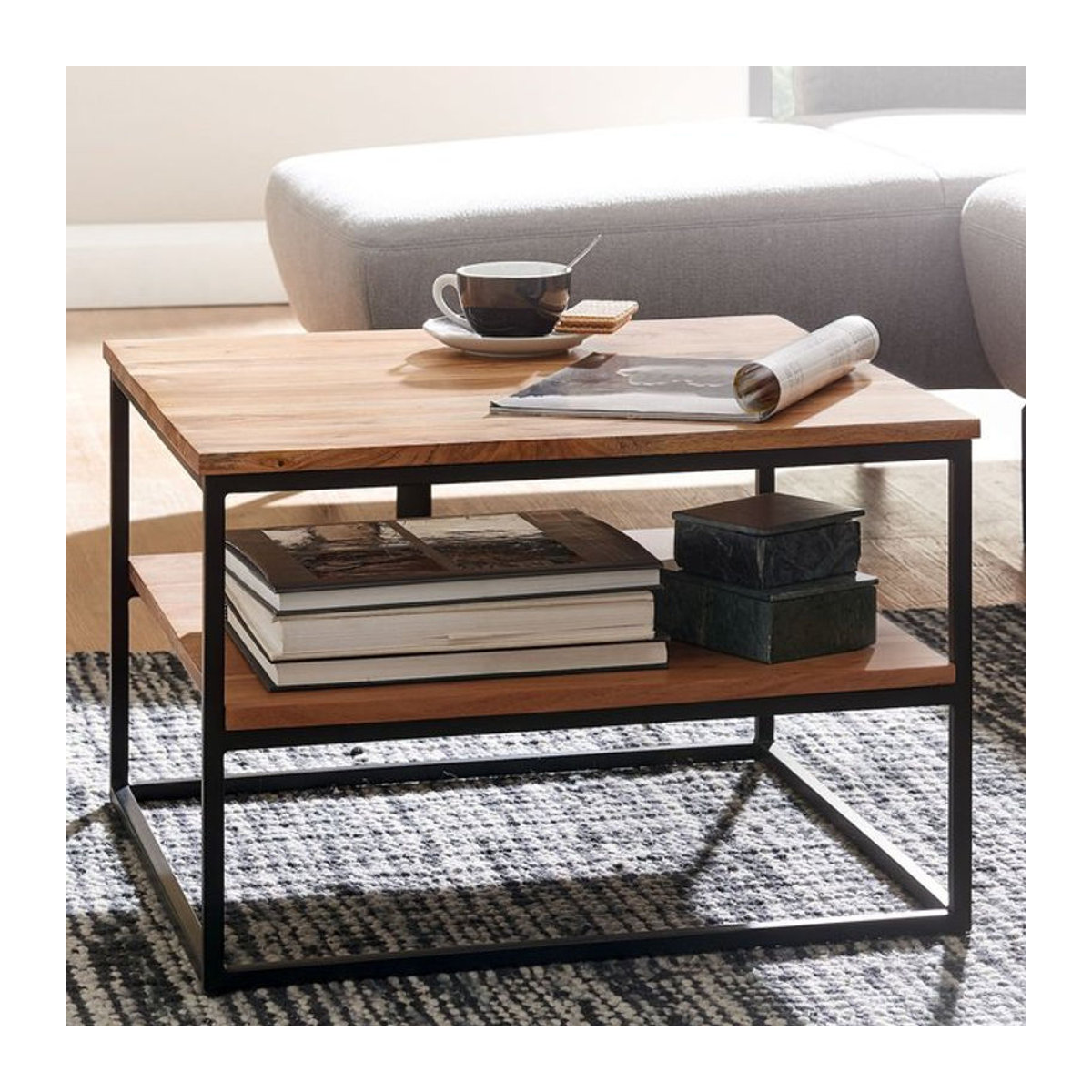 FineBuy Couchtisch quadratisch aus Akazie Massivholz in Natur Braun im Industrial Design B/T: 60 x 60 cm - Bild 1