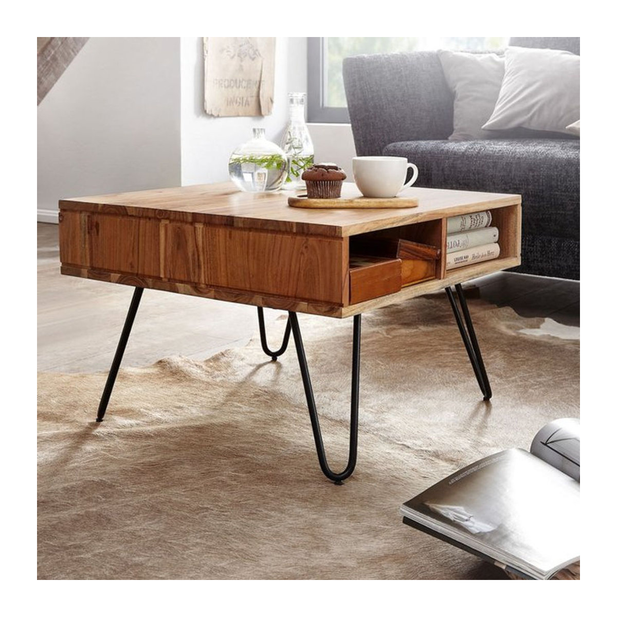 FineBuy Couchtisch quadratisch aus Akazie Massivholz und Metall in Braun mit Ablage, B/T/H: 60 x 60 x 60 cm - Bild 1