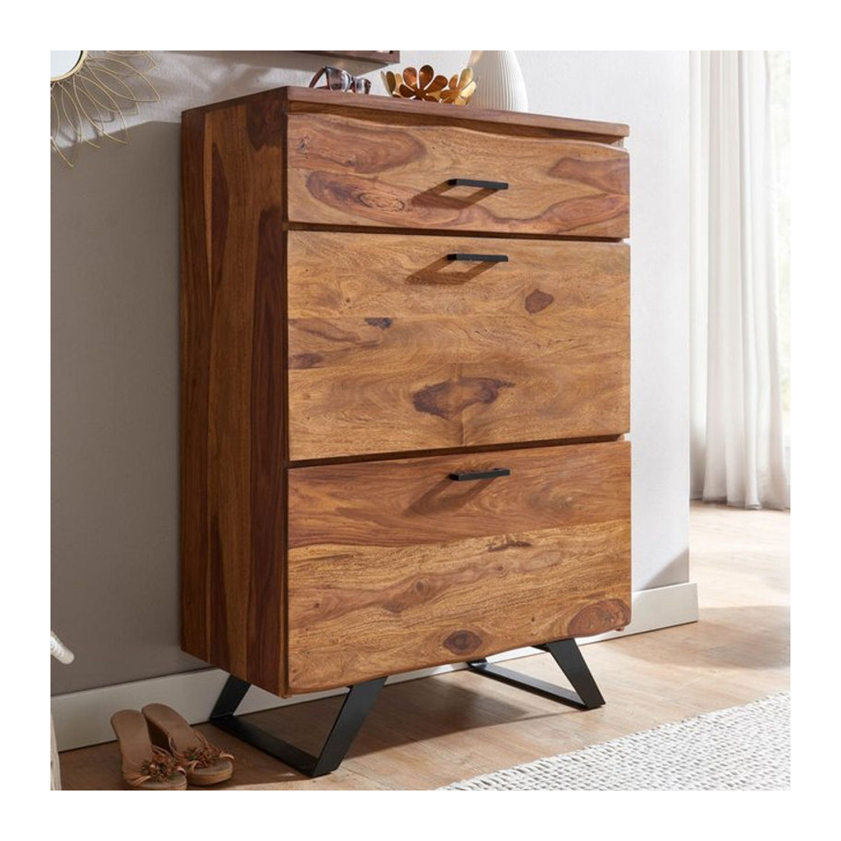 FineBuy Kommode aus Massivholz in Natur mit Baumkante und Schubladen im modernen Design, Breite: 120 cm - Bild 1