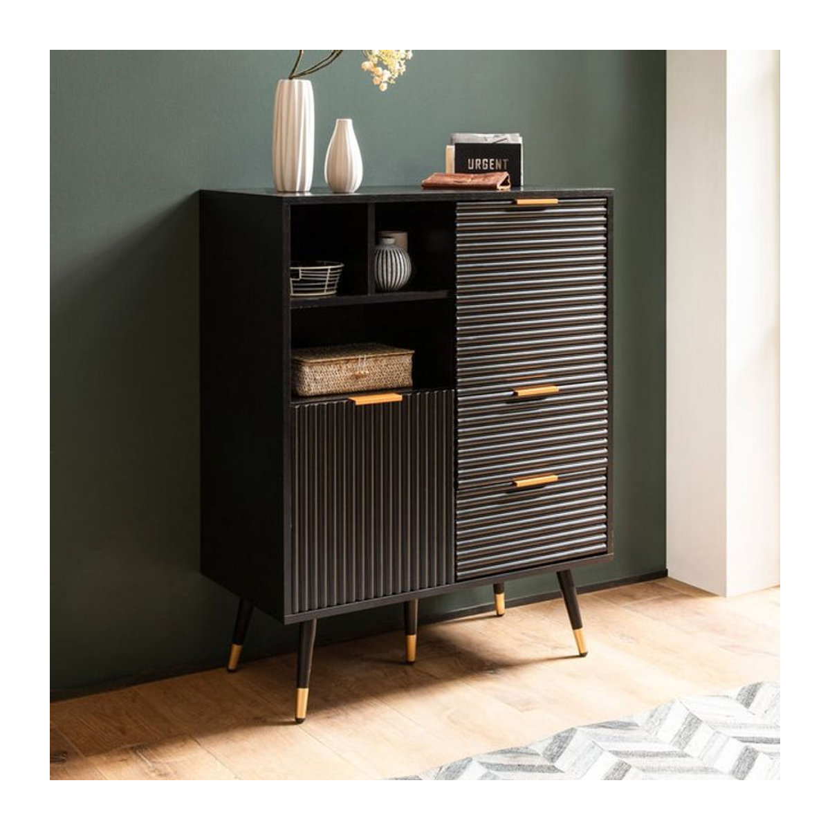Finebuy Kommode Modern in Schwarz mit 2 Schubladen und 2 Türen aus MDF, B: 77 cm, H: 97 cm, T: 40 cm - Bild 1