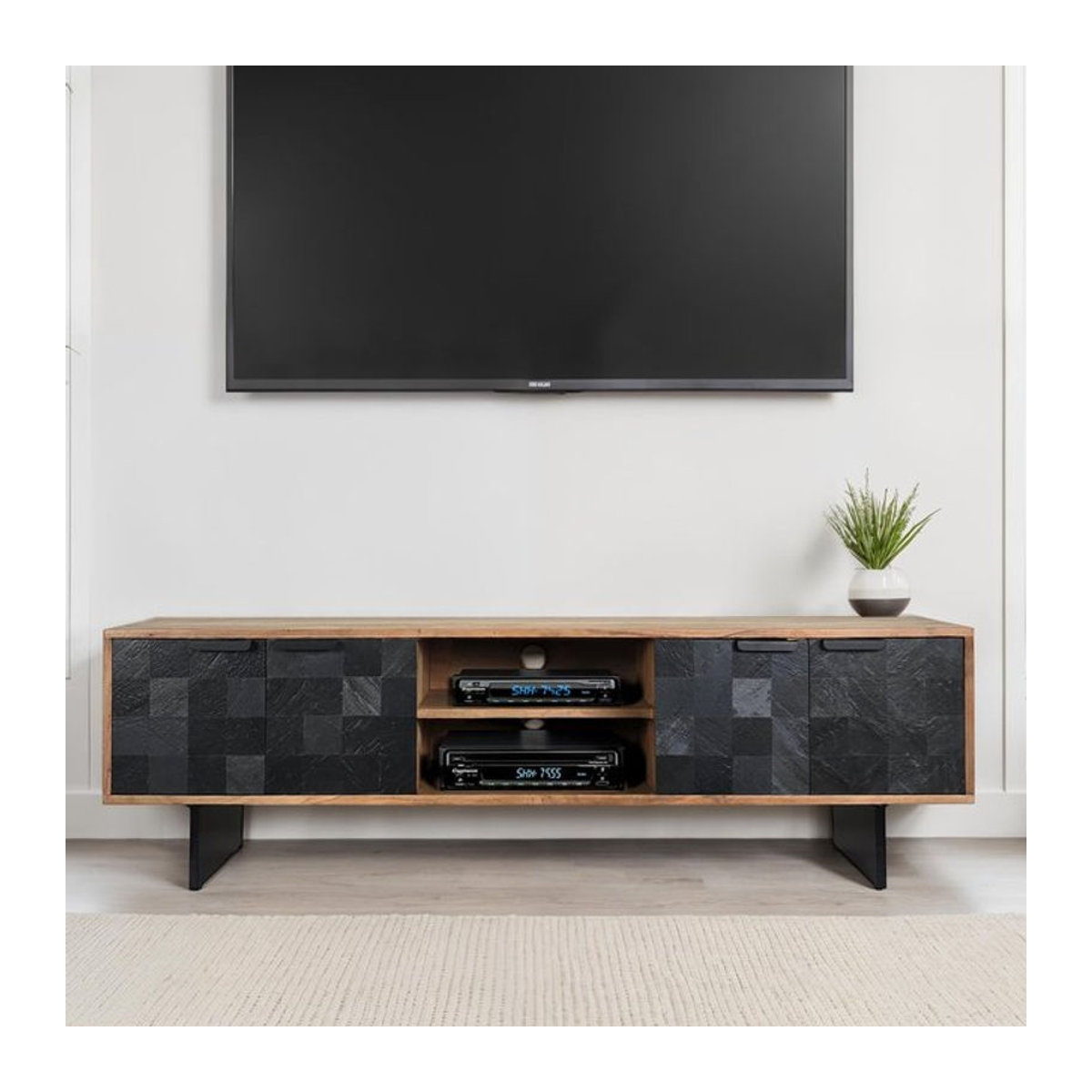 FineBuy Lowboard aus Akazie Massivholz in Schwarz und Braun mit Steinoptik im Industrial Design, Breite: 150 cm, Höhe: 45 cm - Bild 1