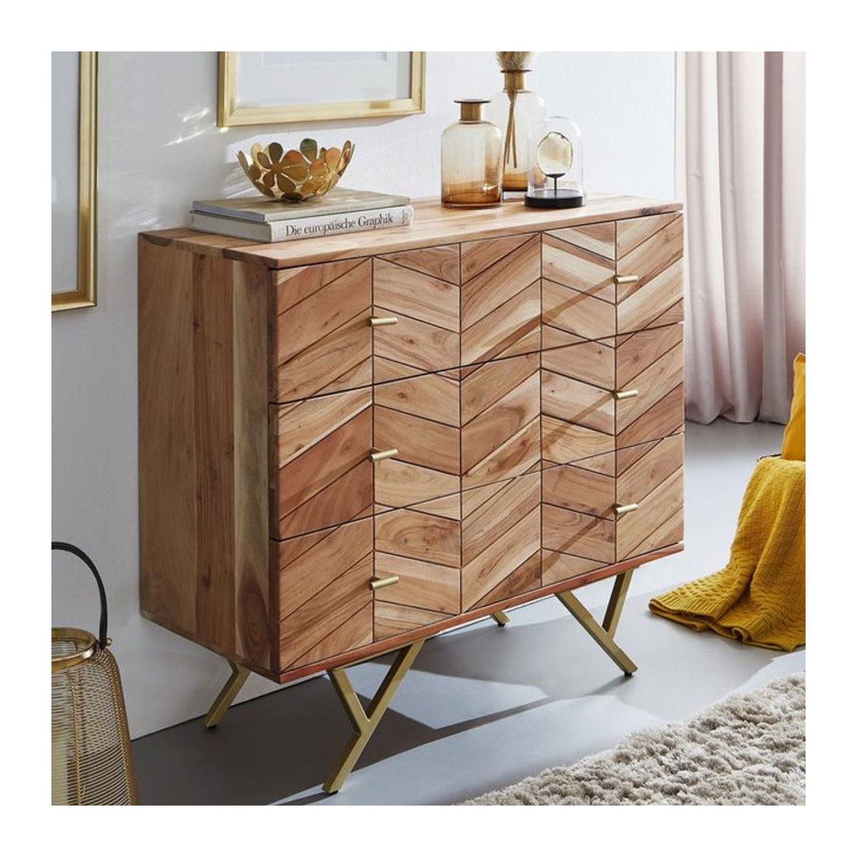 Finebuy Massivholz Schubladenkommode aus Akazie in Natur mit 3 Schubladen und goldenen Metallelementen, Breite: 90 cm - Bild 1