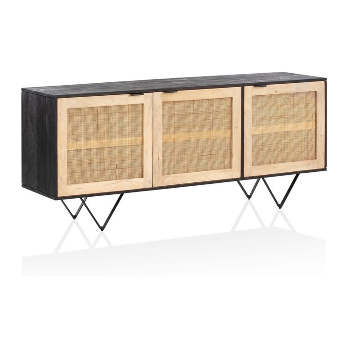 Finebuy Massivholz Sideboard aus Mango mit 3 Rattan Wiener Geflecht Türen in Schwarz, Breite: 175 cm, Höhe: 75 cm, Tiefe: 45 cm - Bild 1