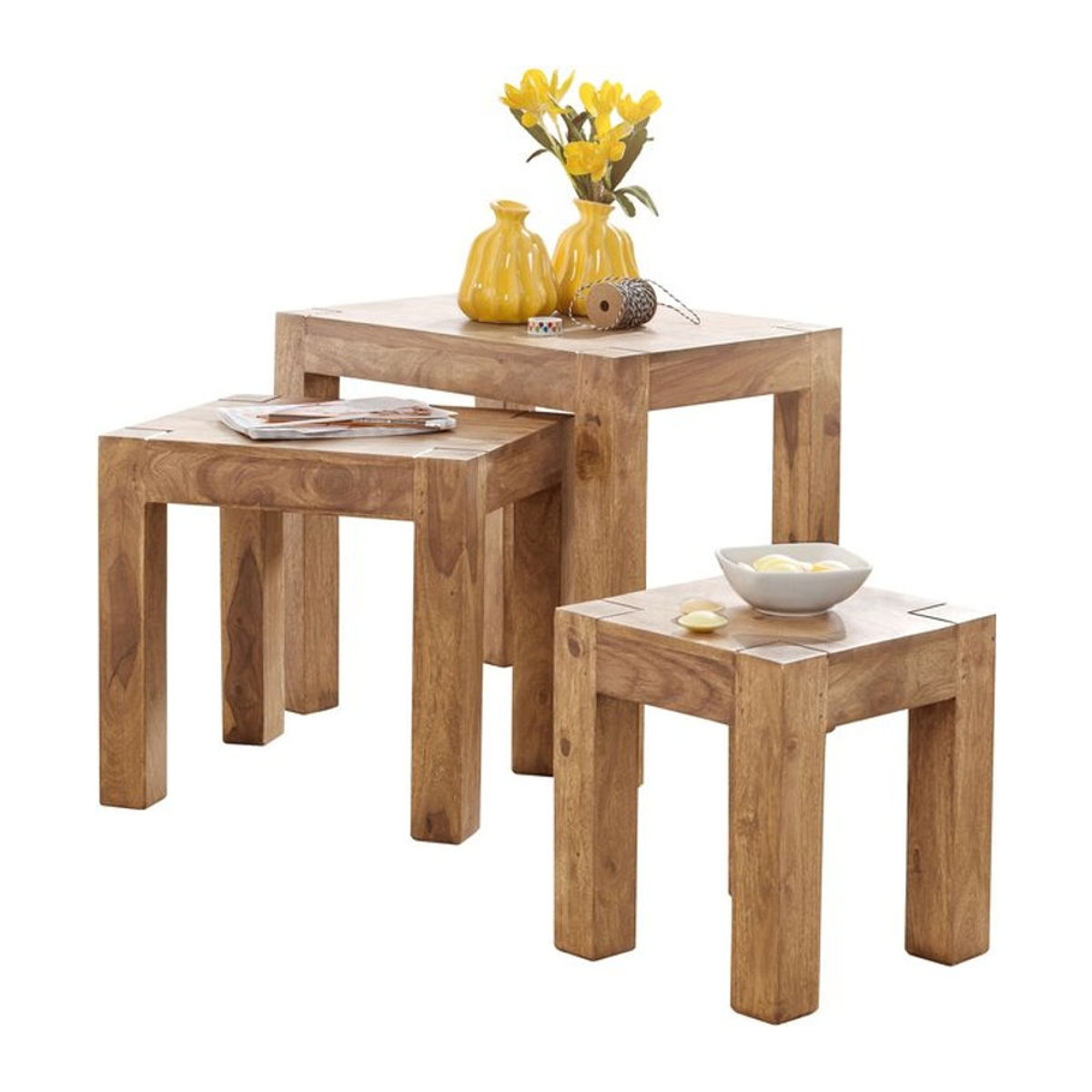 FineBuy Satztisch 3-teilig aus Akazie Massivholz in Natur, quadratisch und minimalistisch - Bild 1
