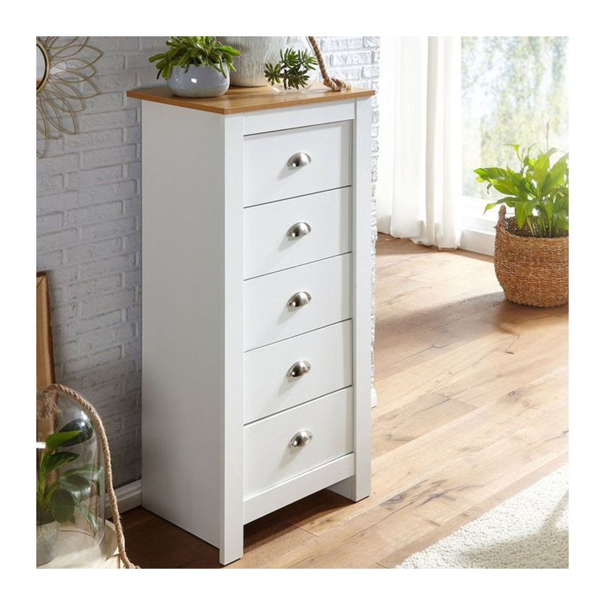 Finebuy Schubladenkommode Modern mit 5 Schubladen in Weiß und Eiche Natur, B: 53 cm, H: 114 cm, T: 39 cm - Bild 1