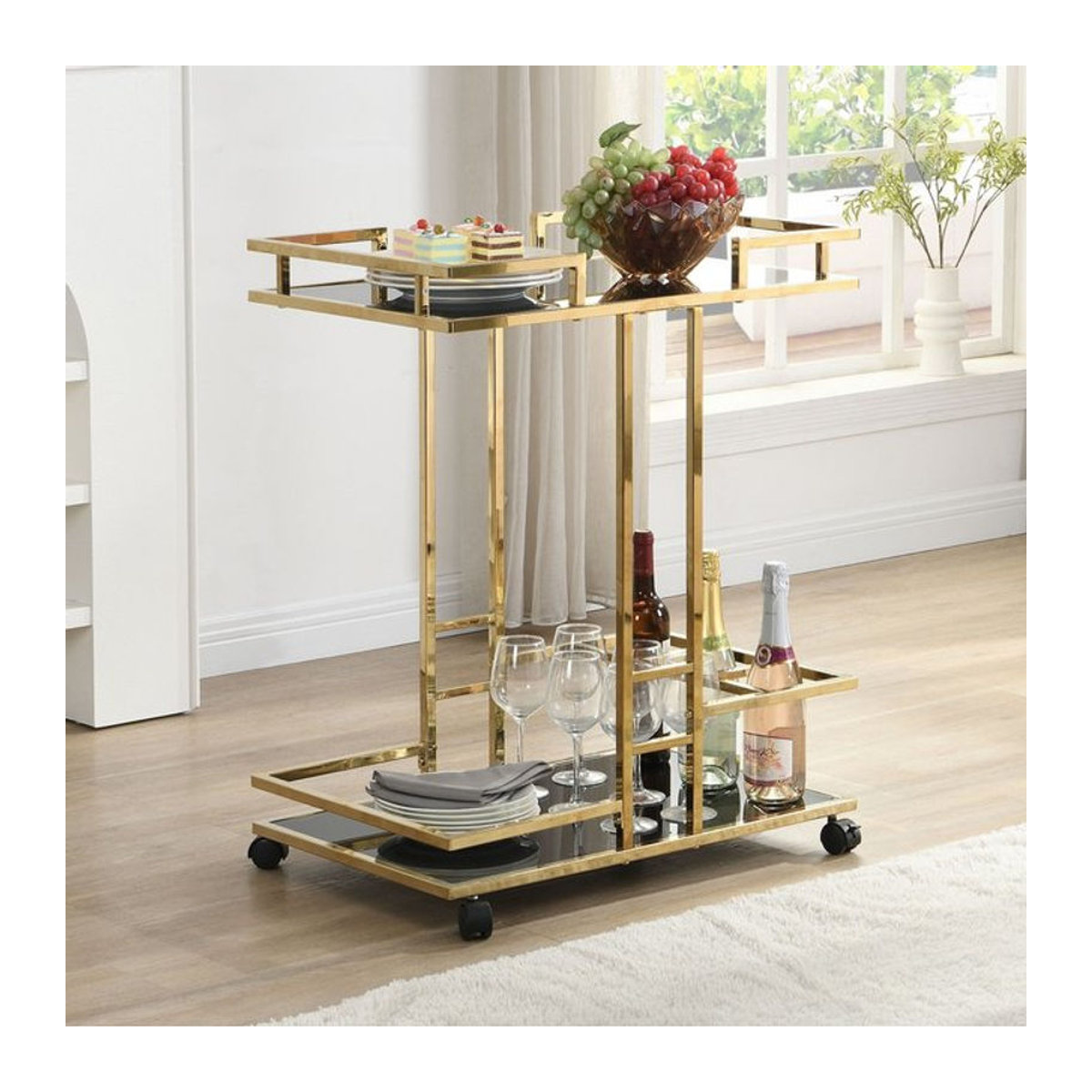 FineBuy Servierwagen Barwagen aus Metall und Glas in Gold und Schwarz, Modernes Design mit Flaschenhalter, Höhe: 67,5 cm - Bild 1