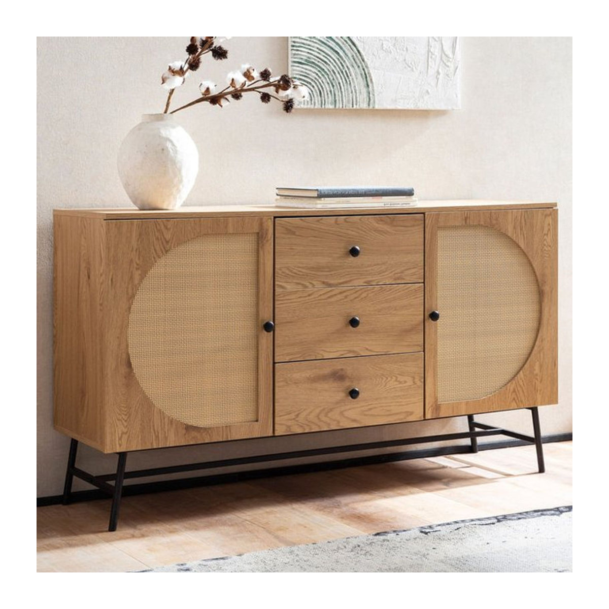 Finebuy Sideboard in Eiche Natur mit Wiener Rattan Geflecht Design, Kommode mit 2 Türen und 3 Schubladen, B/T/H: 140 x 40 x 80 cm - Bild 1