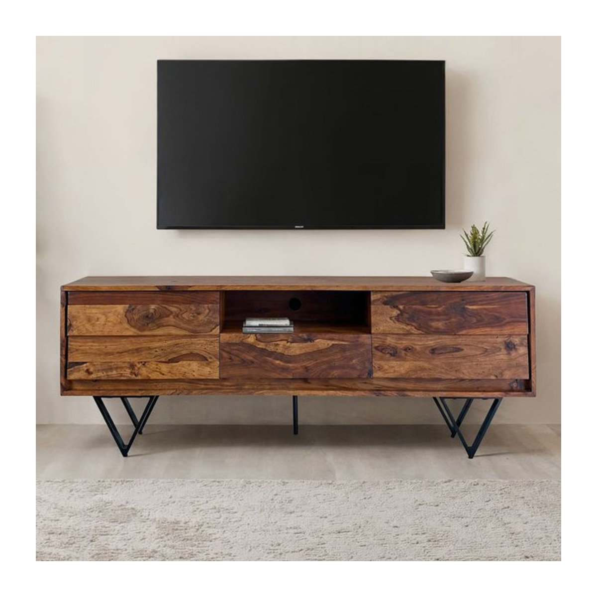 FineBuy TV Lowboard aus Sheesham Massivholz im Industrial Design mit Metallfüßen, Breite: 160 cm - Bild 1