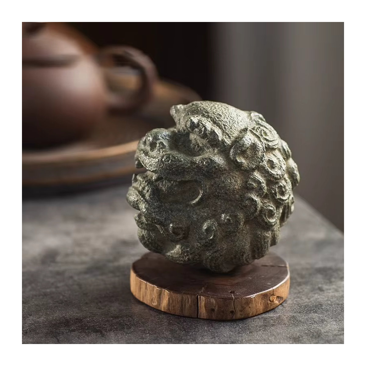 Fiteo Löwenkopf-Statue Foo Dog aus Naturgranit in Grau, handgeschnitzte Zen-Dekoration für Feng Shui - Bild 3
