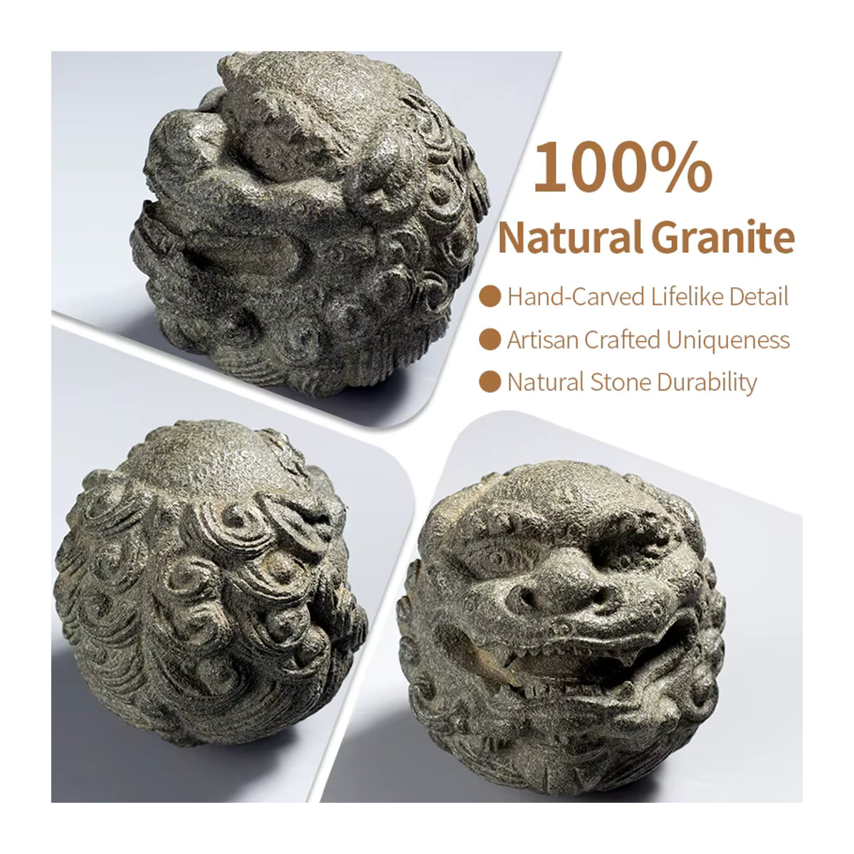 Fiteo Löwenkopf-Statue Foo Dog aus Naturgranit in Grau, handgeschnitzte Zen-Dekoration für Feng Shui - Bild 5